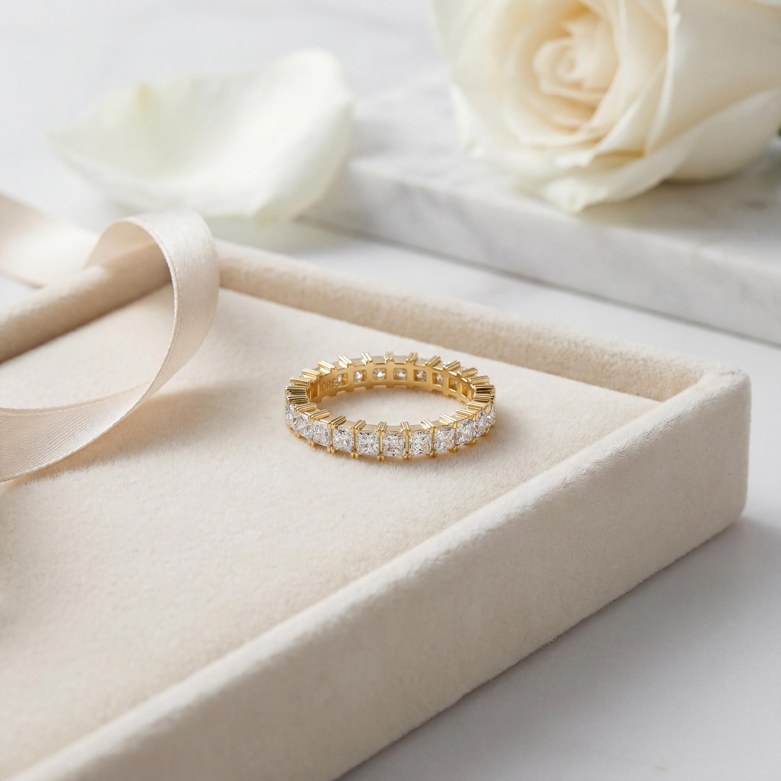 Diamond Prong Set Princess Cut Full Eternity Wedding Band Ring 14K Solid Gold