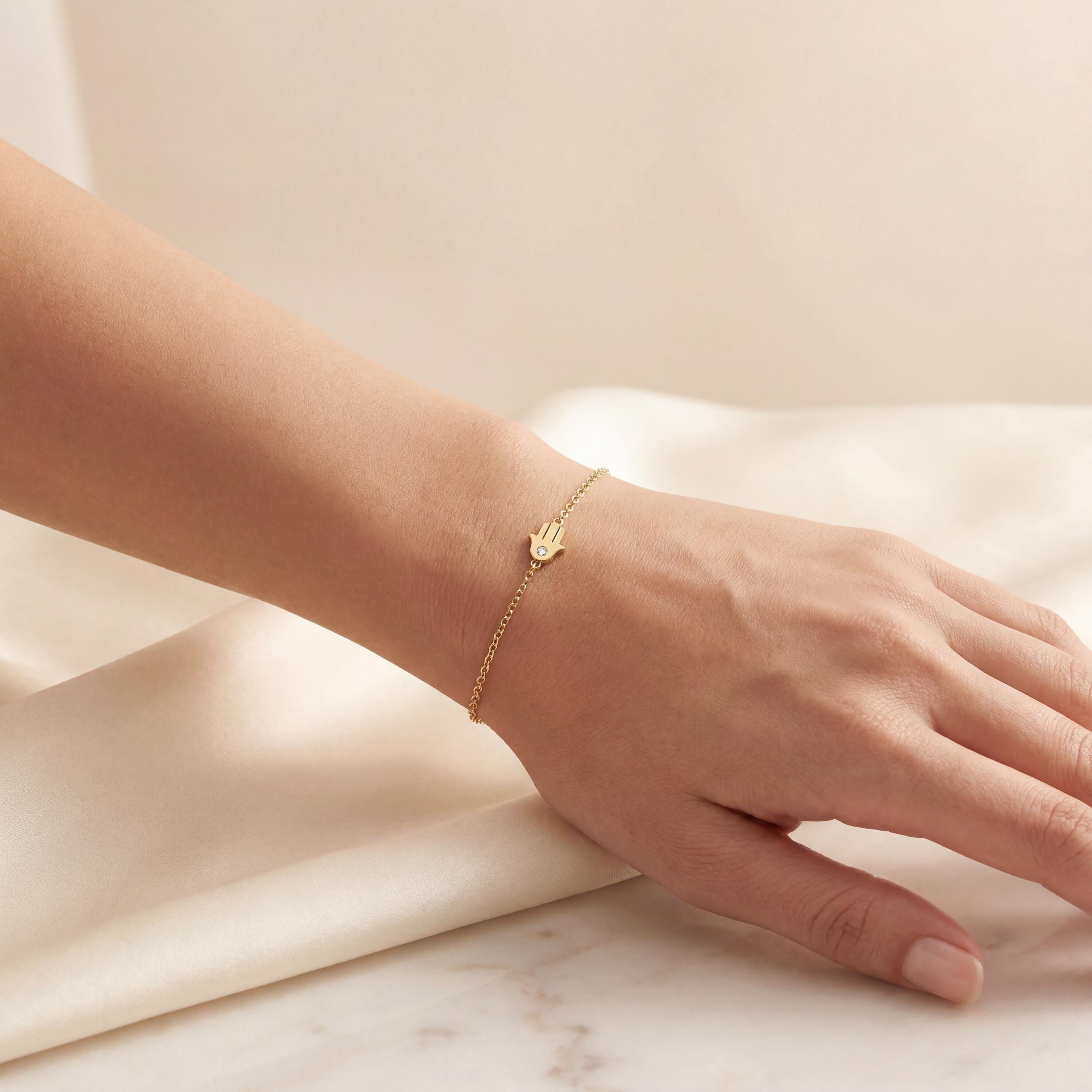 Diamond Hamsa Hand Solid 14K Gold Dainty Chain Link Bracelet