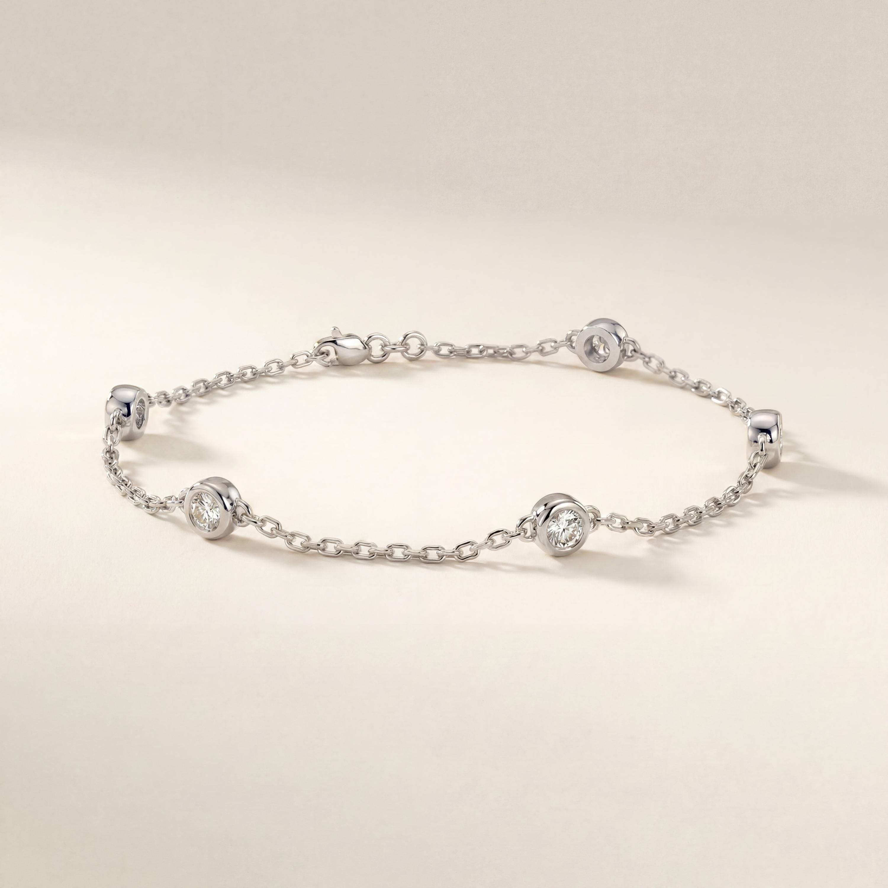 Round Diamond By The Yard Bezel Set 14K Solid Gold Chain Link Bracelet