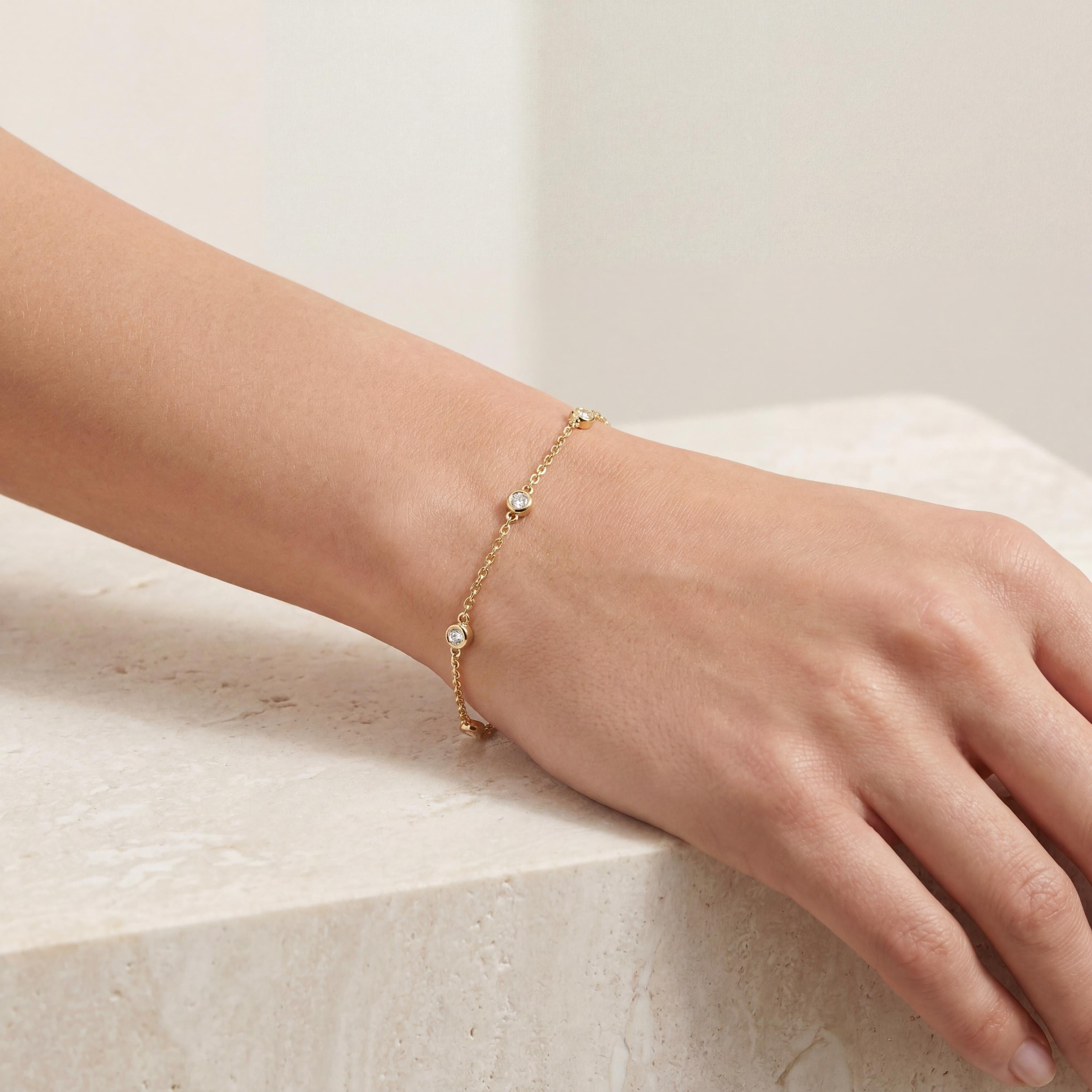 Round Diamond By The Yard Bezel Set 14K Solid Gold Chain Link Bracelet