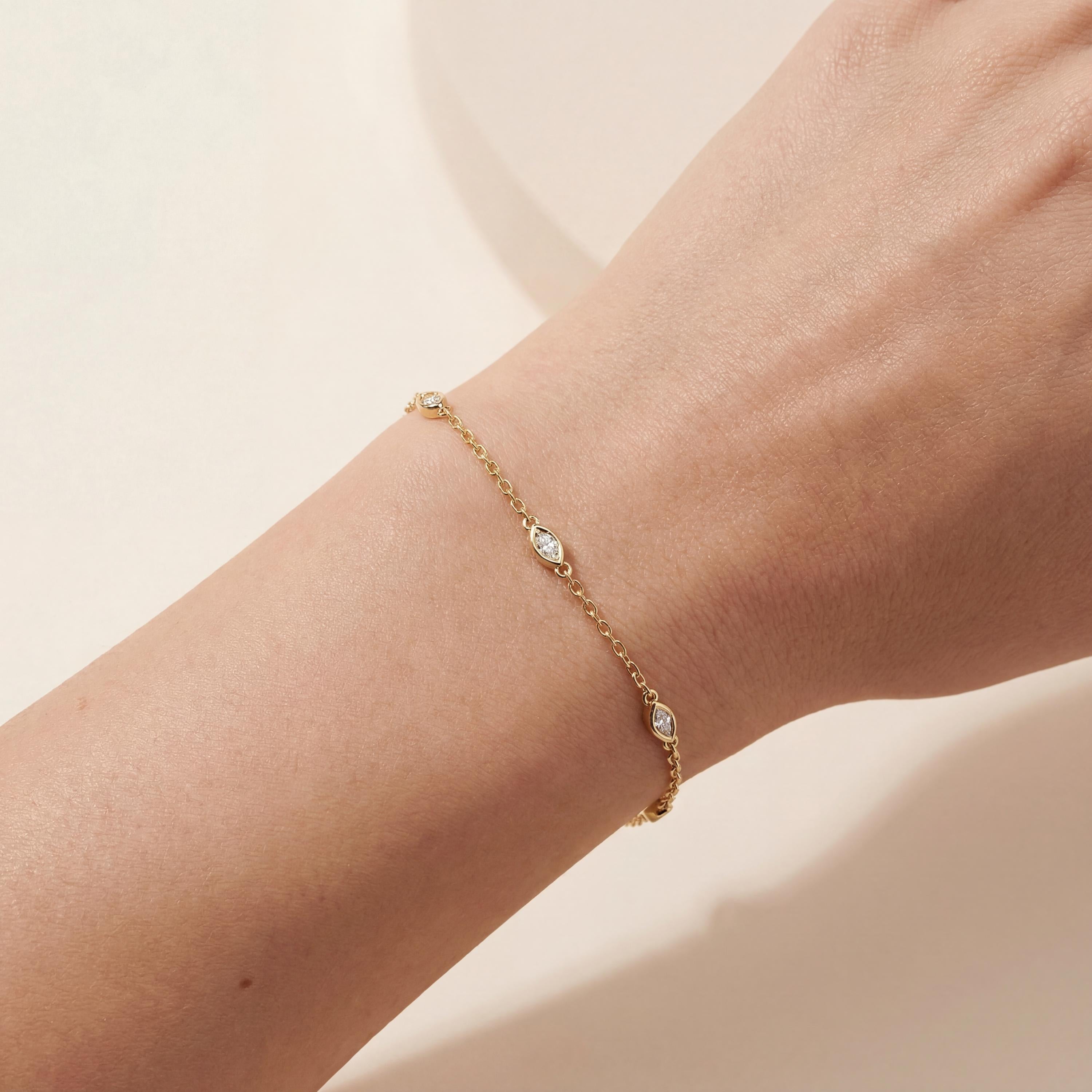 Marquise Diamond By The Yard Bezel Set 14K Solid Gold Chain Link Bracelet
