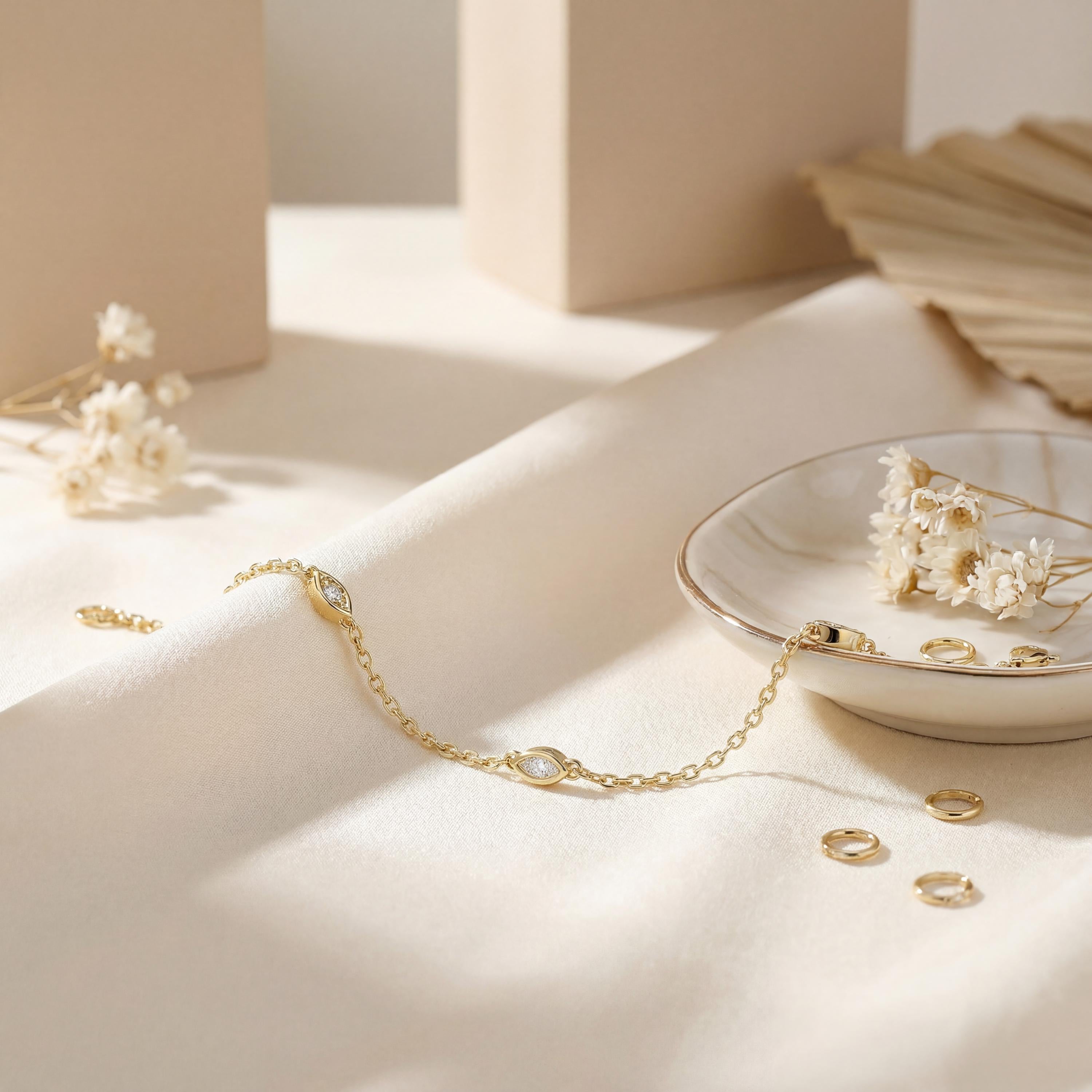 Marquise Diamond By The Yard Bezel Set 14K Solid Gold Chain Link Bracelet