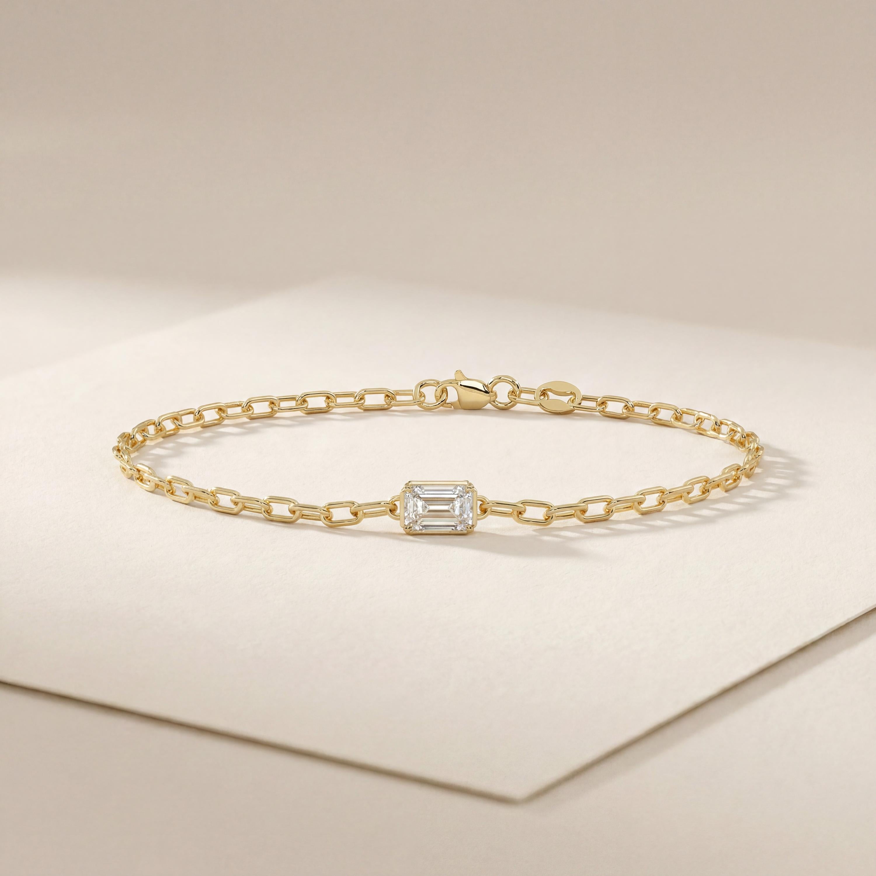 Emerald Cut Diamond Solitaire 14K Solid Gold Paperclip Link Bracelet