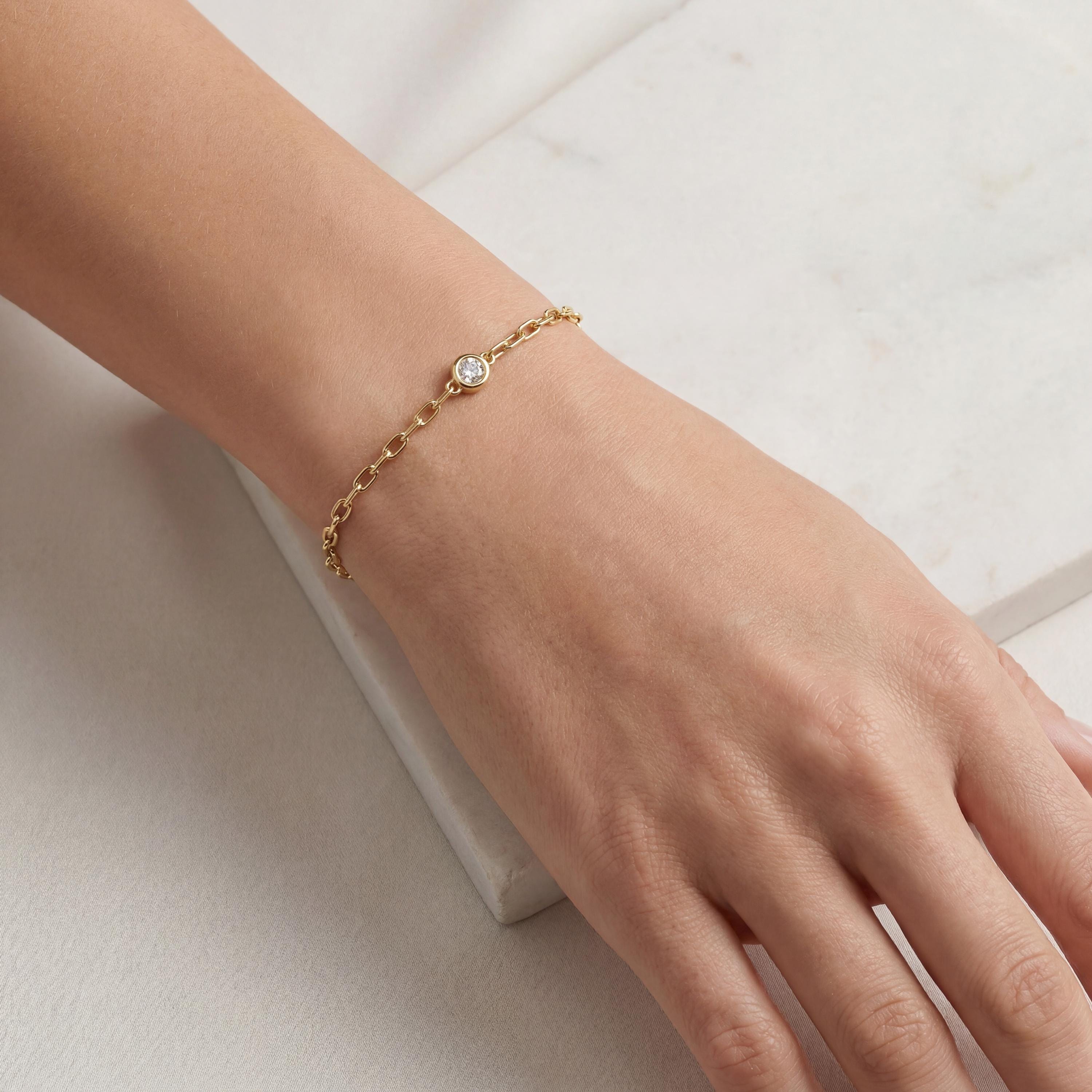 Round Brilliant Cut Solitaire Bezel Set Diamond 14K Solid Gold Paperclip Link Bracelet