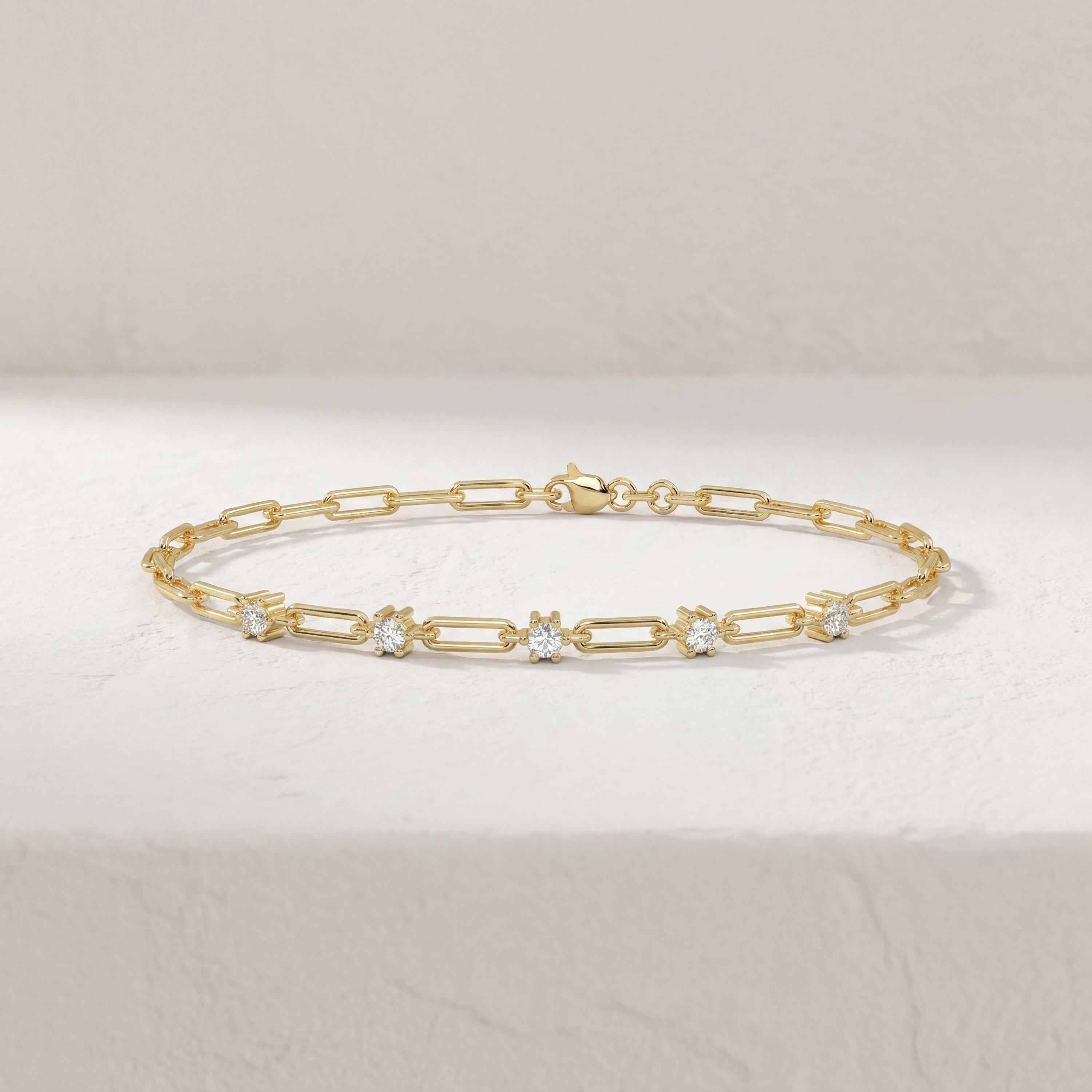 Round Brilliant Cut 5 Stone 14K Solid Gold Paperclip Link Bracelet