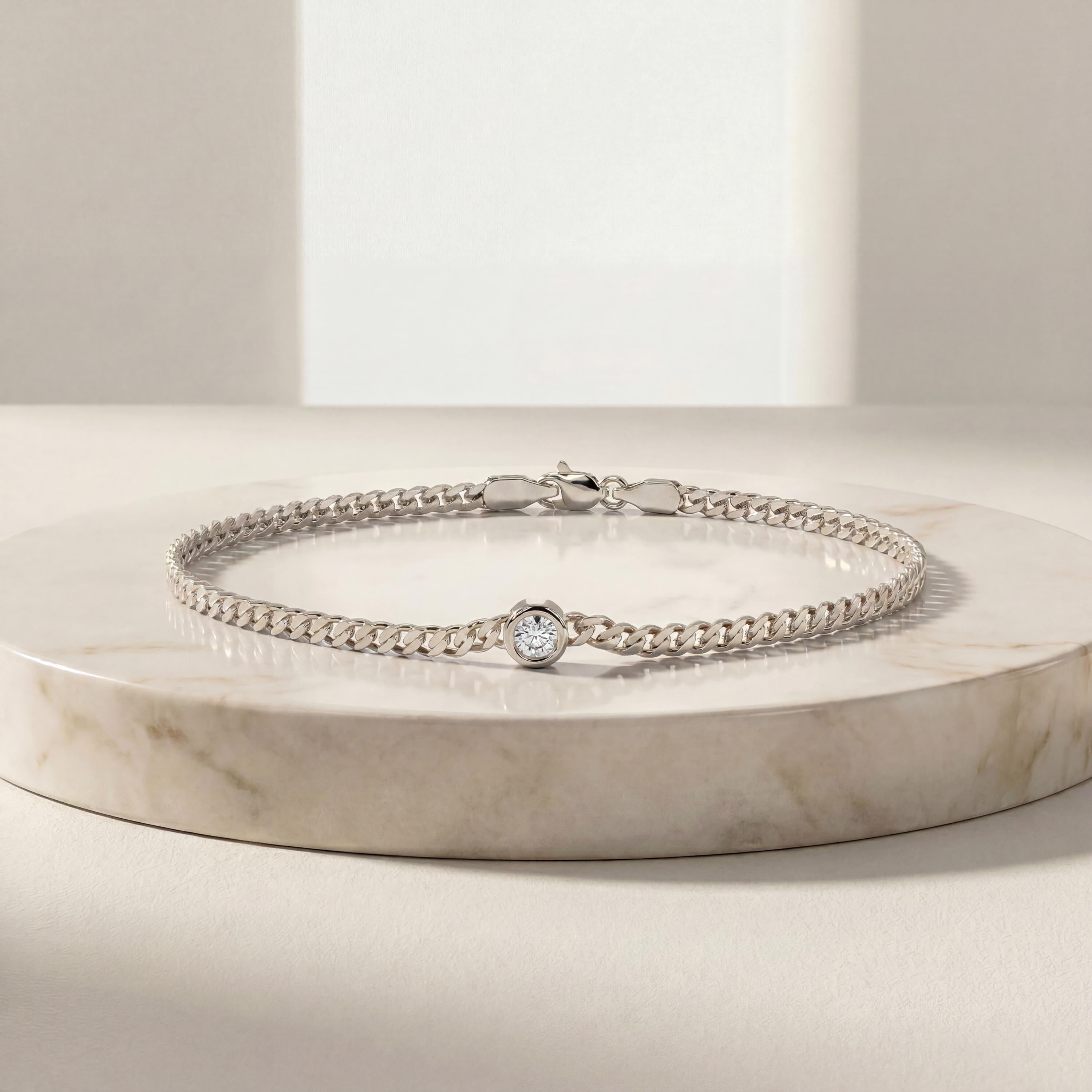 Round Brilliant Cut Bezel Set Diamond Solitaire 14K Solid Gold Cuban Curb Link Bracelet