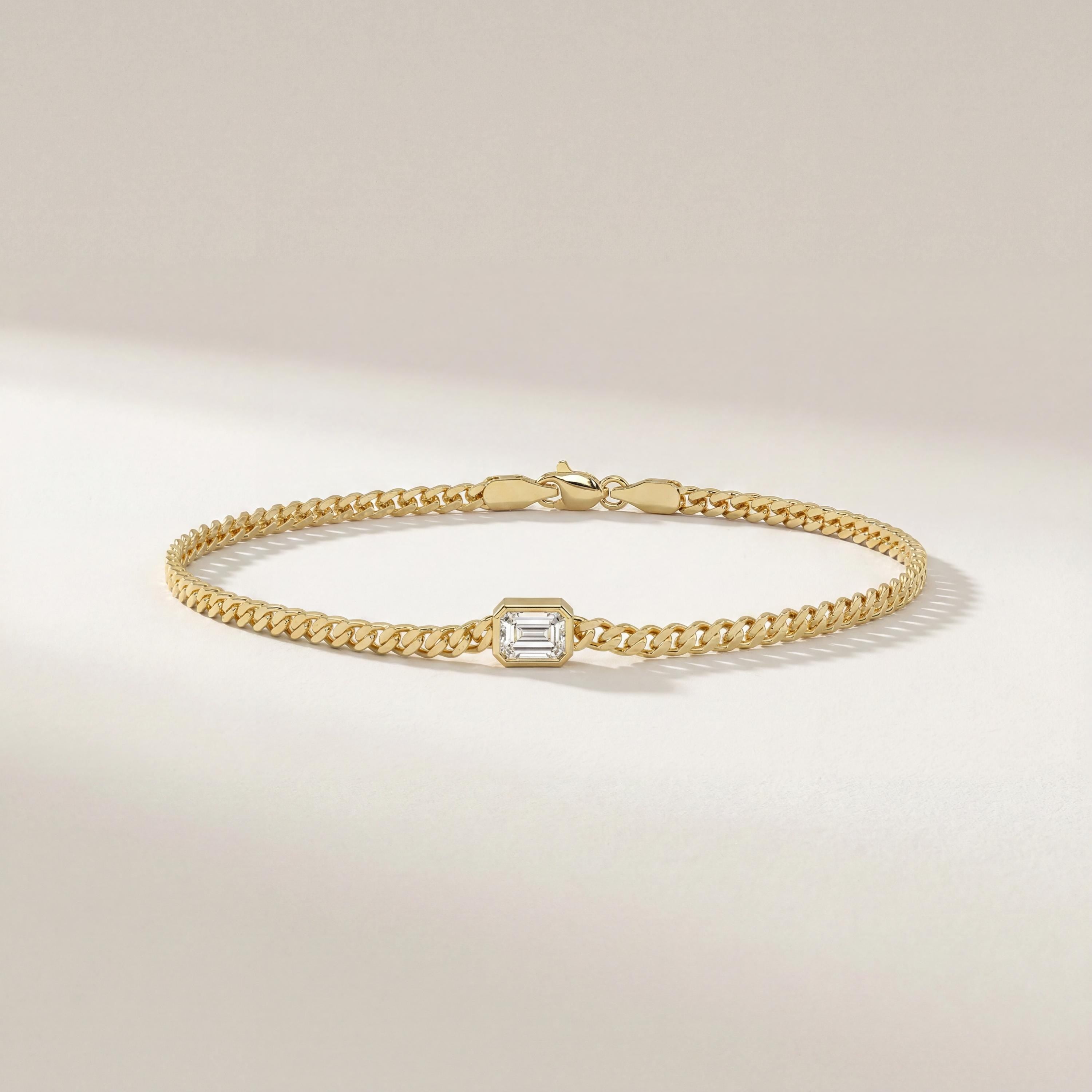 Emerald Cut Bezel Set Diamond Solitaire 14K Solid Gold Cuban Curb Link Bracelet
