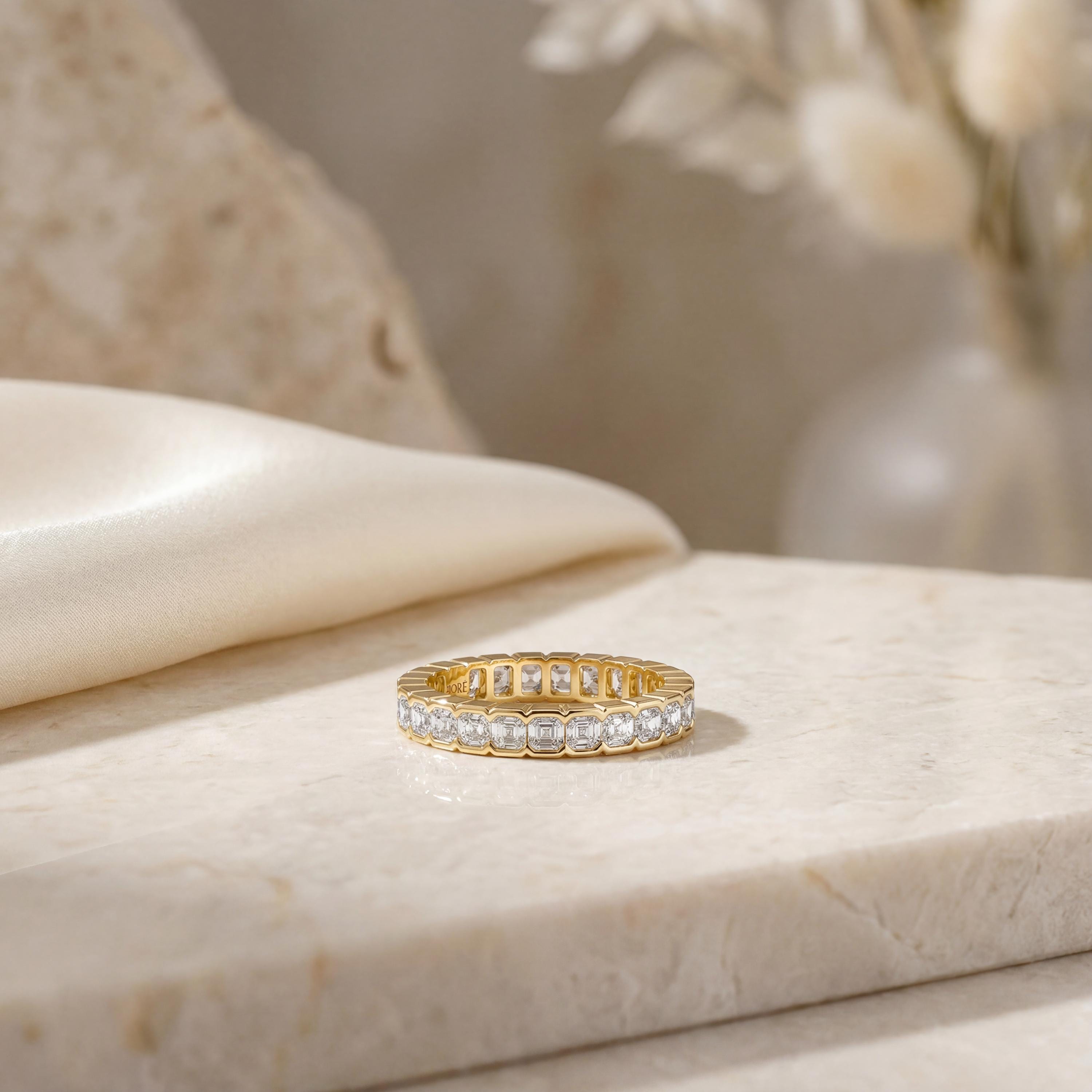 Asscher Cut Diamond Full Eternity Wedding Band Ring 14K Solid Gold Half Bezel Set