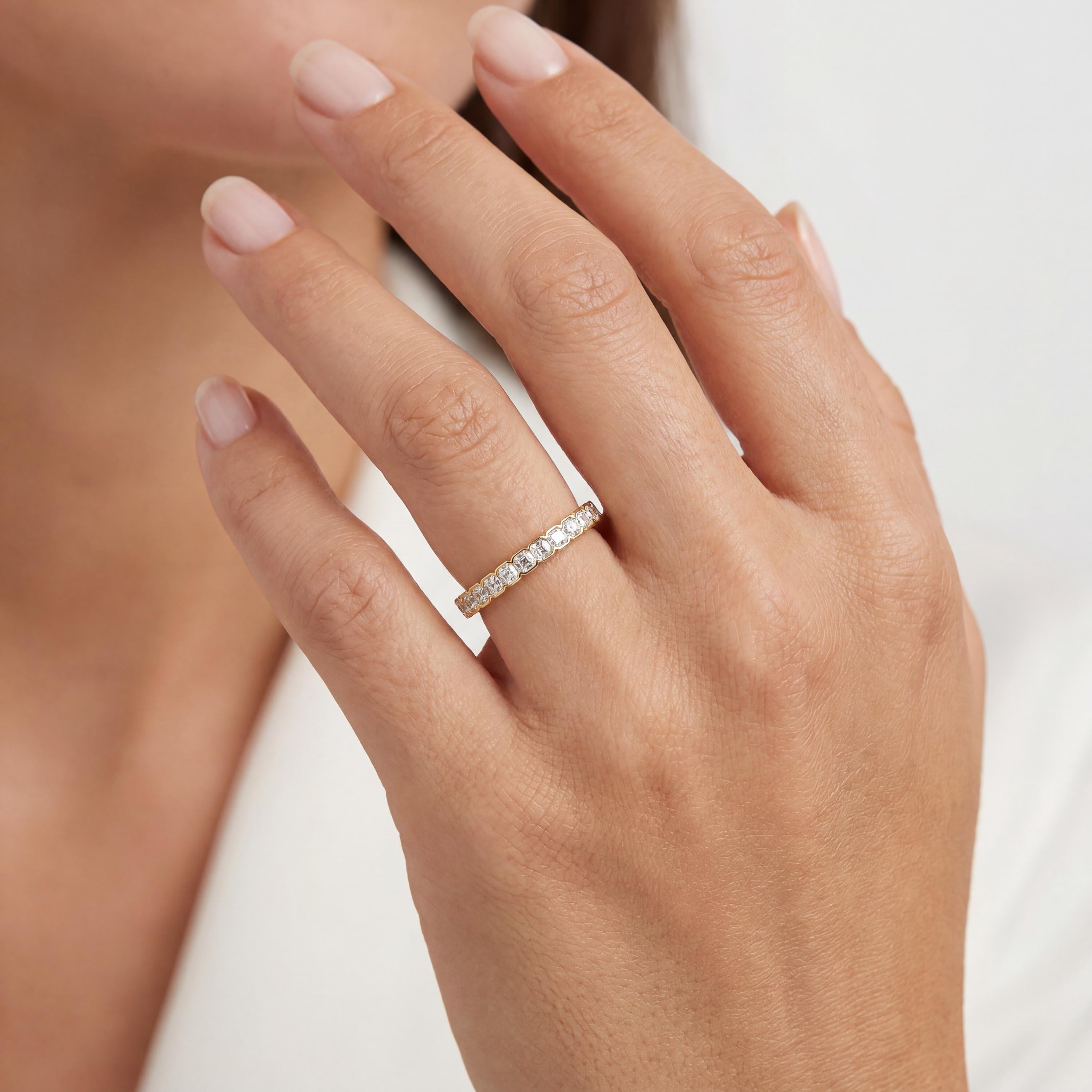 Asscher Cut Diamond Full Eternity Wedding Band Ring 14K Solid Gold Half Bezel Set