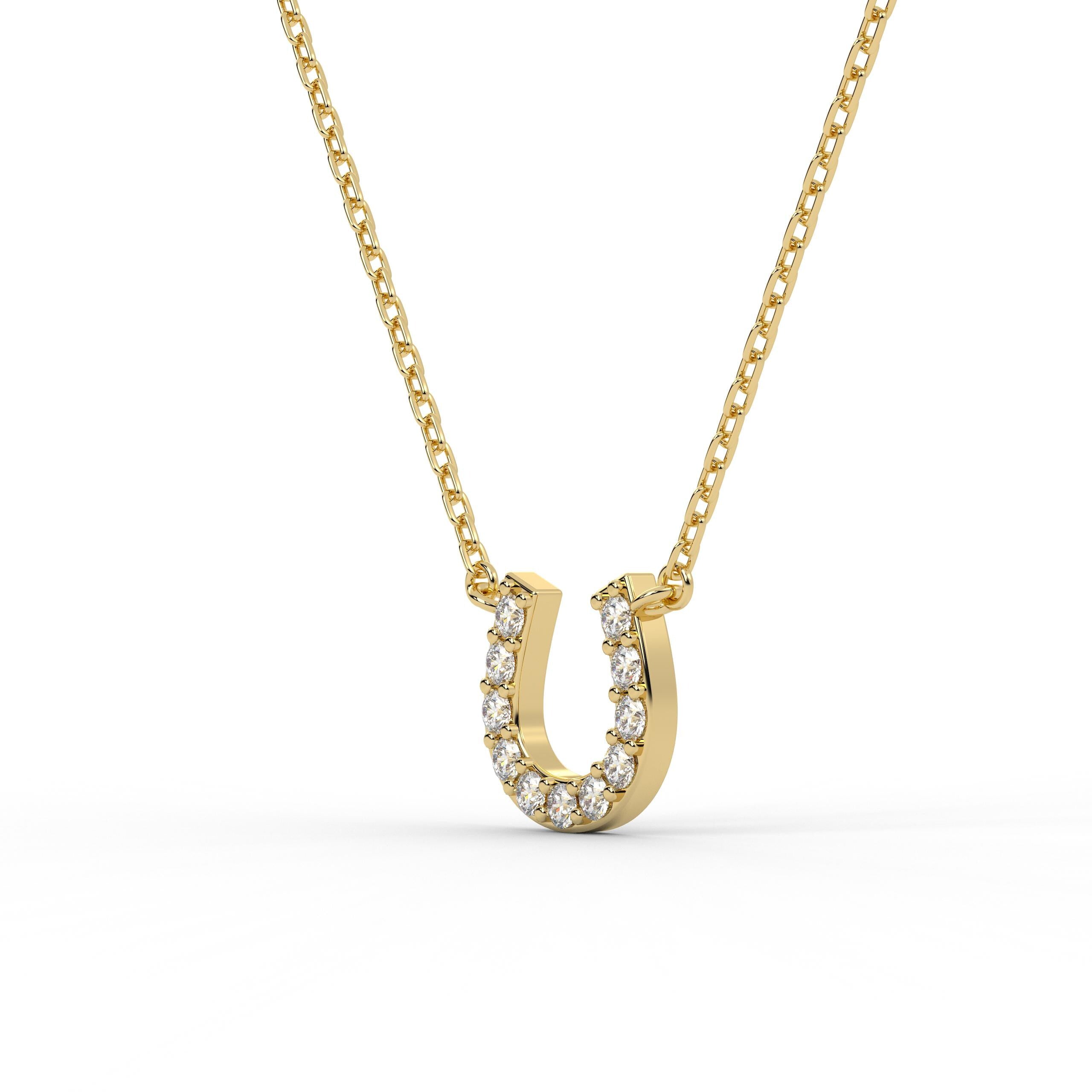 Round Diamond Pave 14K Dainty Solid Gold Horseshoe Pendant Necklace