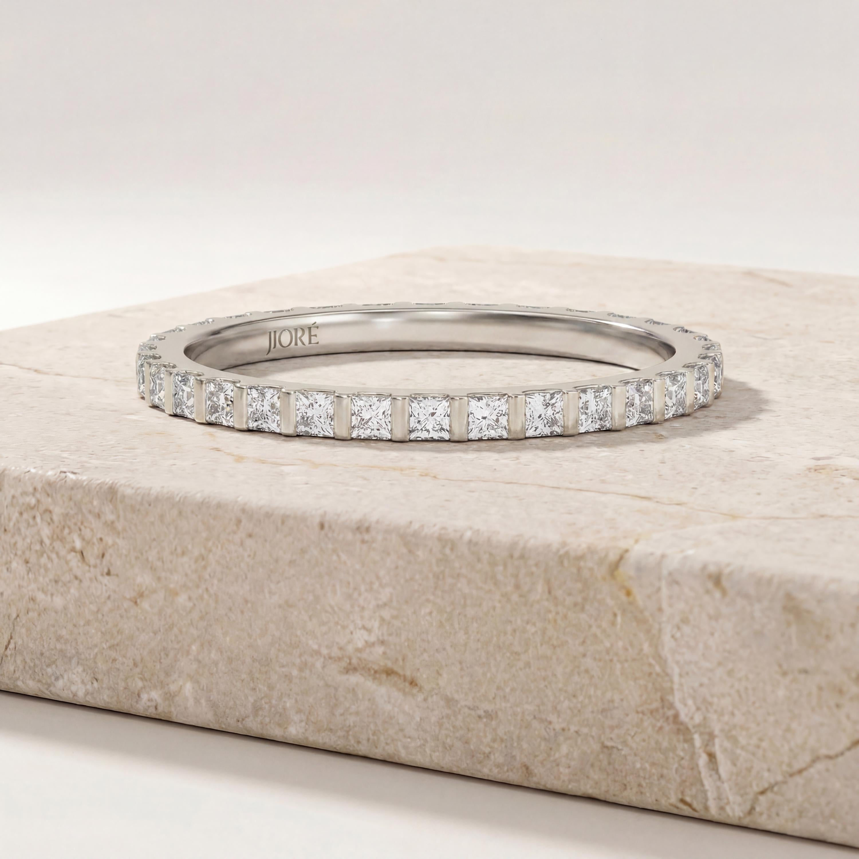 Princess Cut Diamond Full Eternity Dainty Wedding Band Ring 14K Solid Gold Bar Set