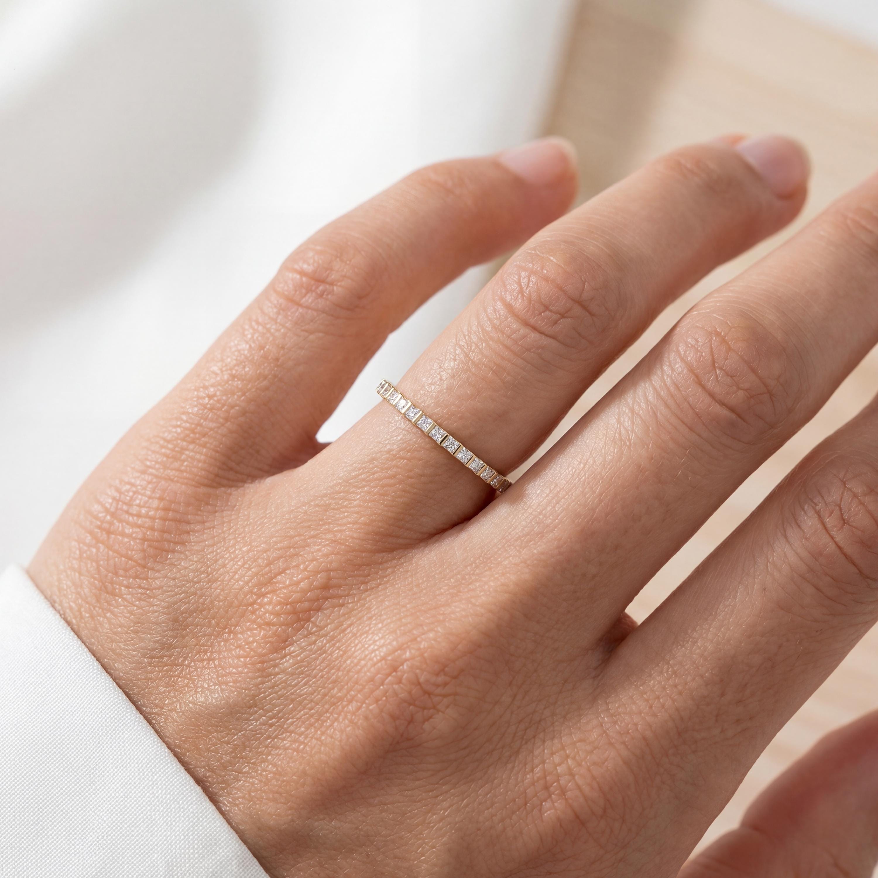 Princess Cut Diamond Full Eternity Dainty Wedding Band Ring 14K Solid Gold Bar Set