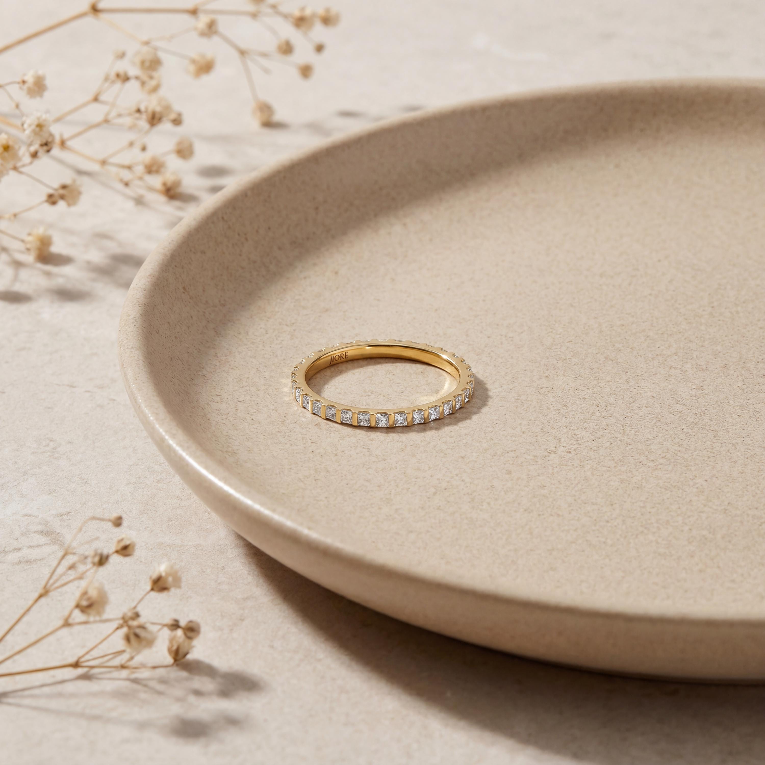 Princess Cut Diamond Full Eternity Dainty Wedding Band Ring 14K Solid Gold Bar Set