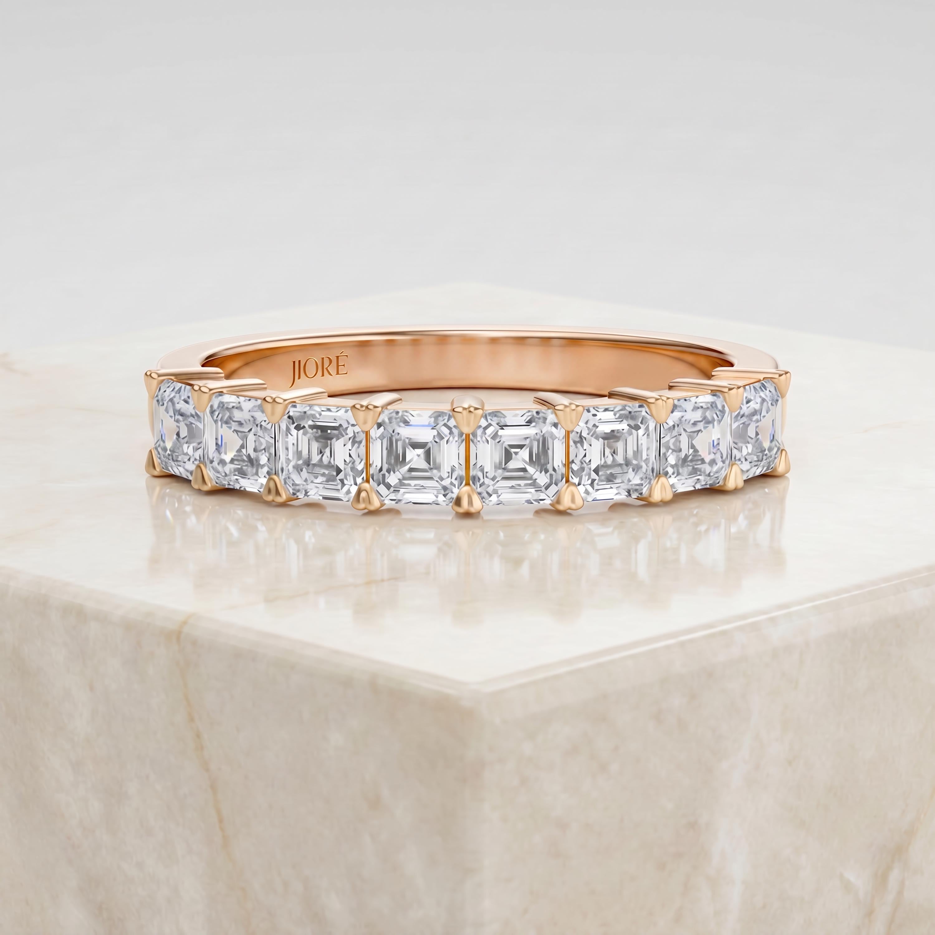 Asscher Cut Diamond Half Way Eternity Wedding Band Ring 14K Solid Gold Prong Set