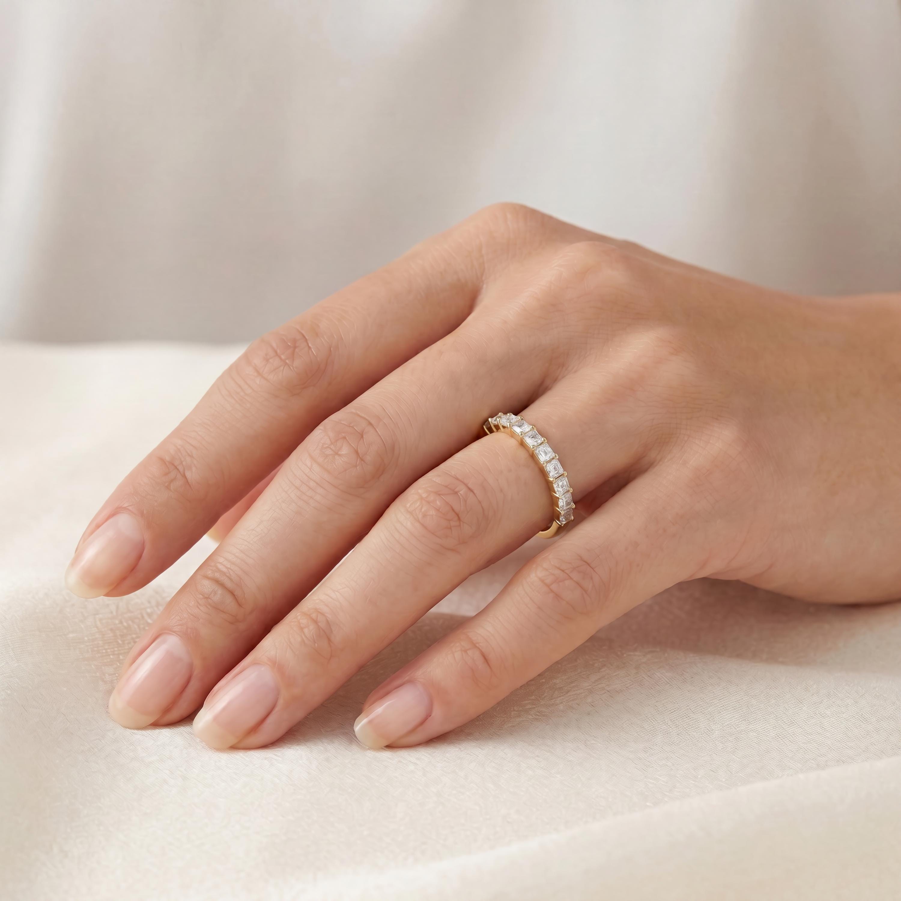 Asscher Cut Diamond Half Way Eternity Wedding Band Ring 14K Solid Gold Prong Set