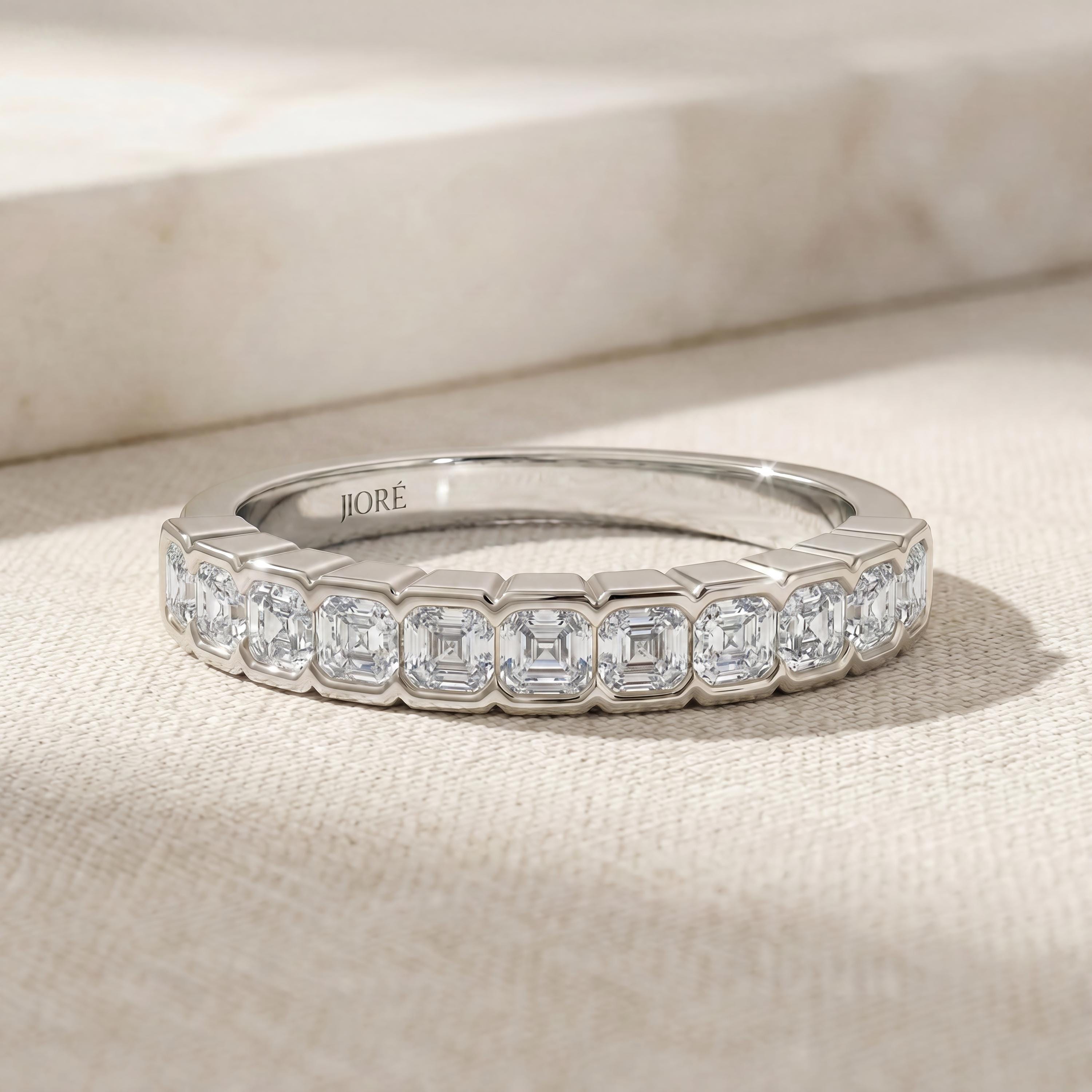 Asscher Cut Diamond Half Way Eternity Wedding Band Ring 14K Solid Gold Half Bezel