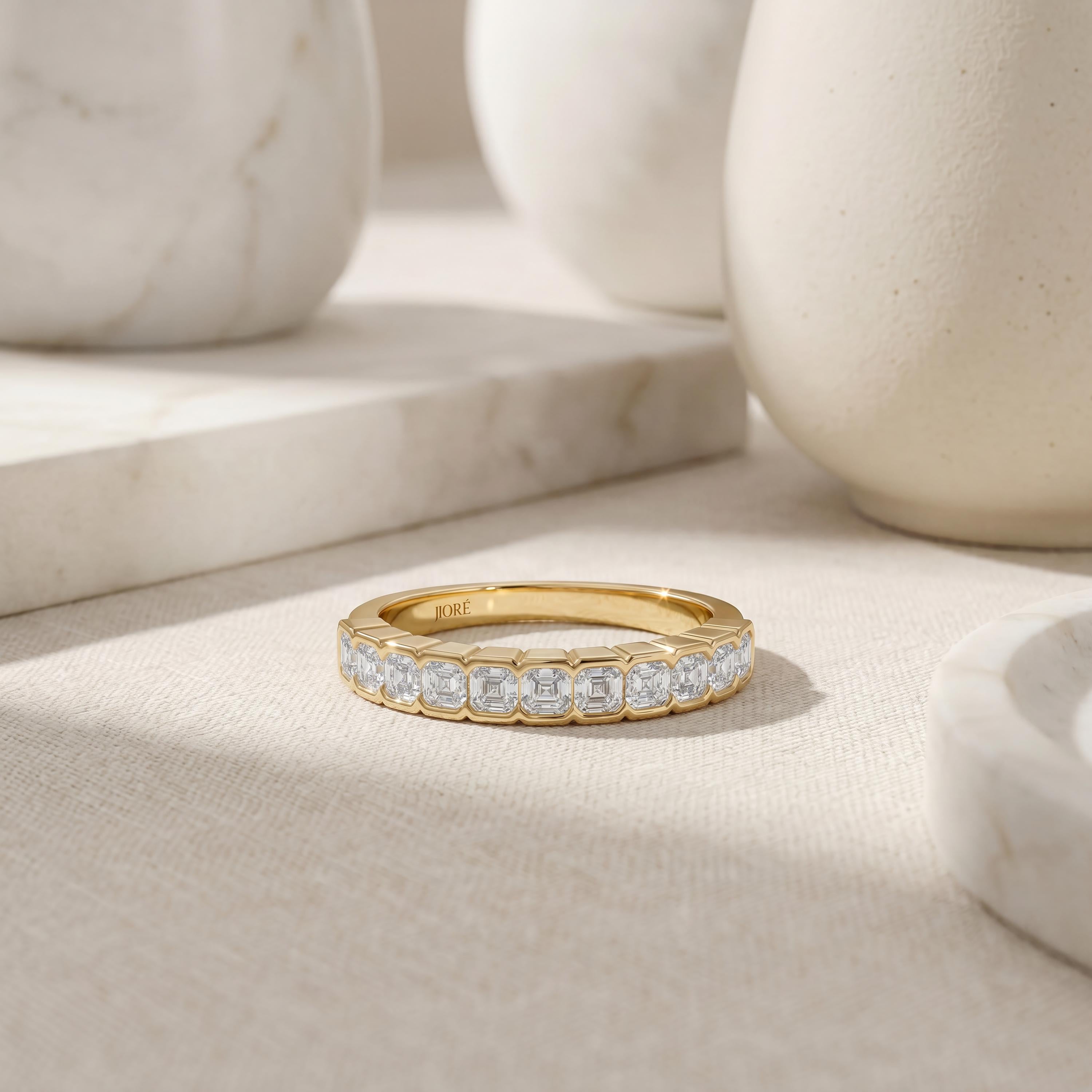 Asscher Cut Diamond Half Way Eternity Wedding Band Ring 14K Solid Gold Half Bezel
