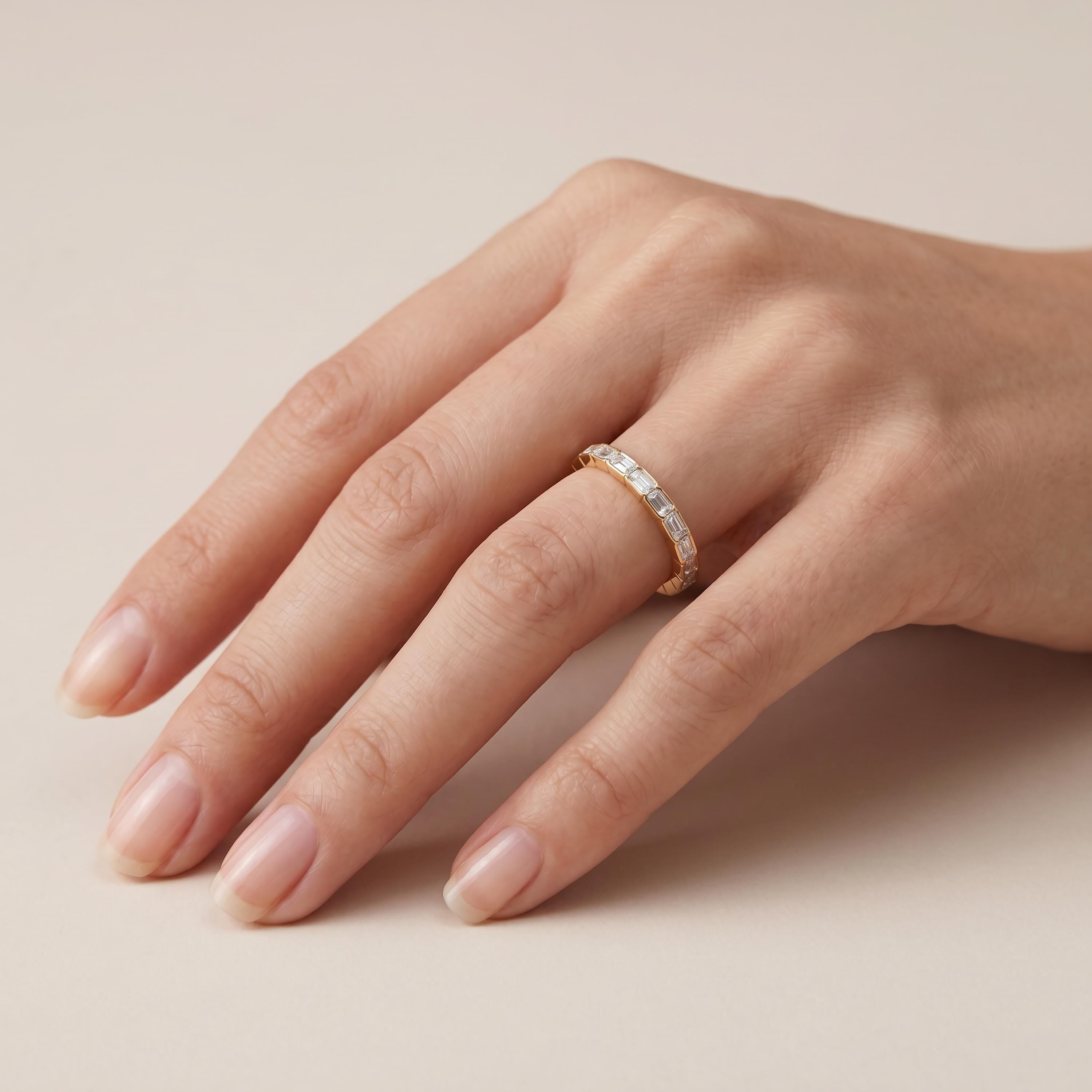 Emerald Cut Diamond Full Eternity Wedding Band Ring 14K Solid Gold Half Bezel