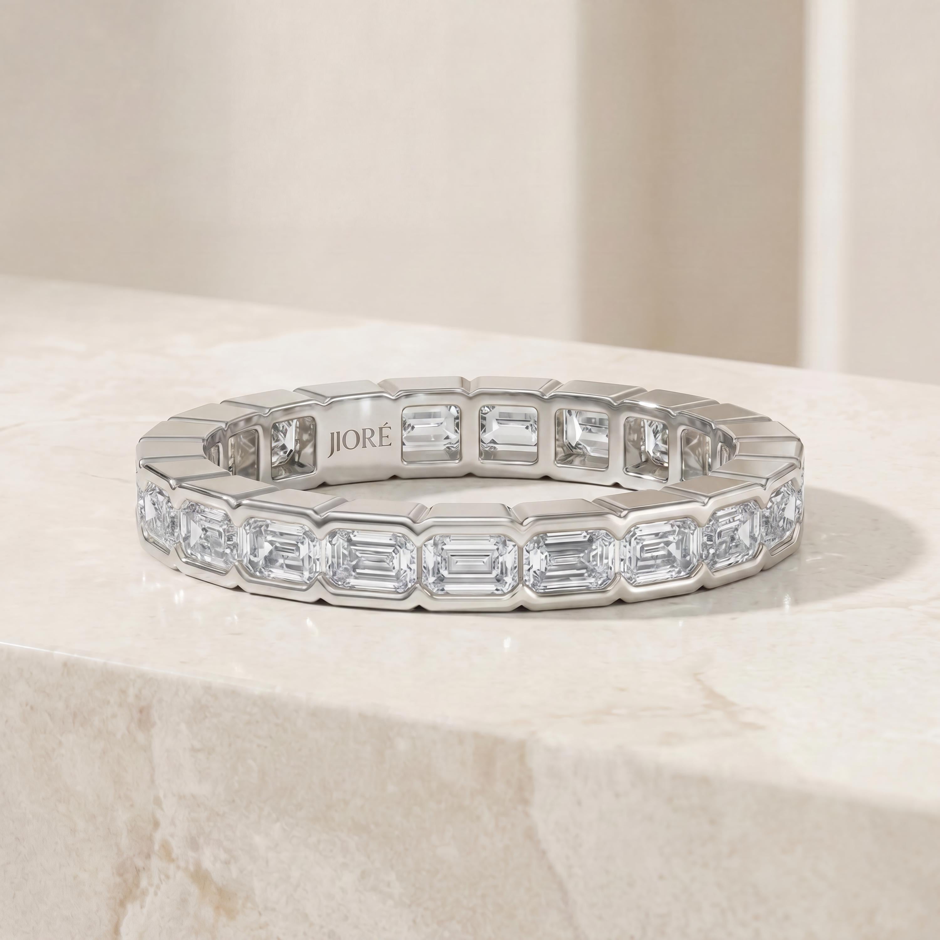 Emerald Cut Diamond Full Eternity Wedding Band Ring 14K Solid Gold Half Bezel