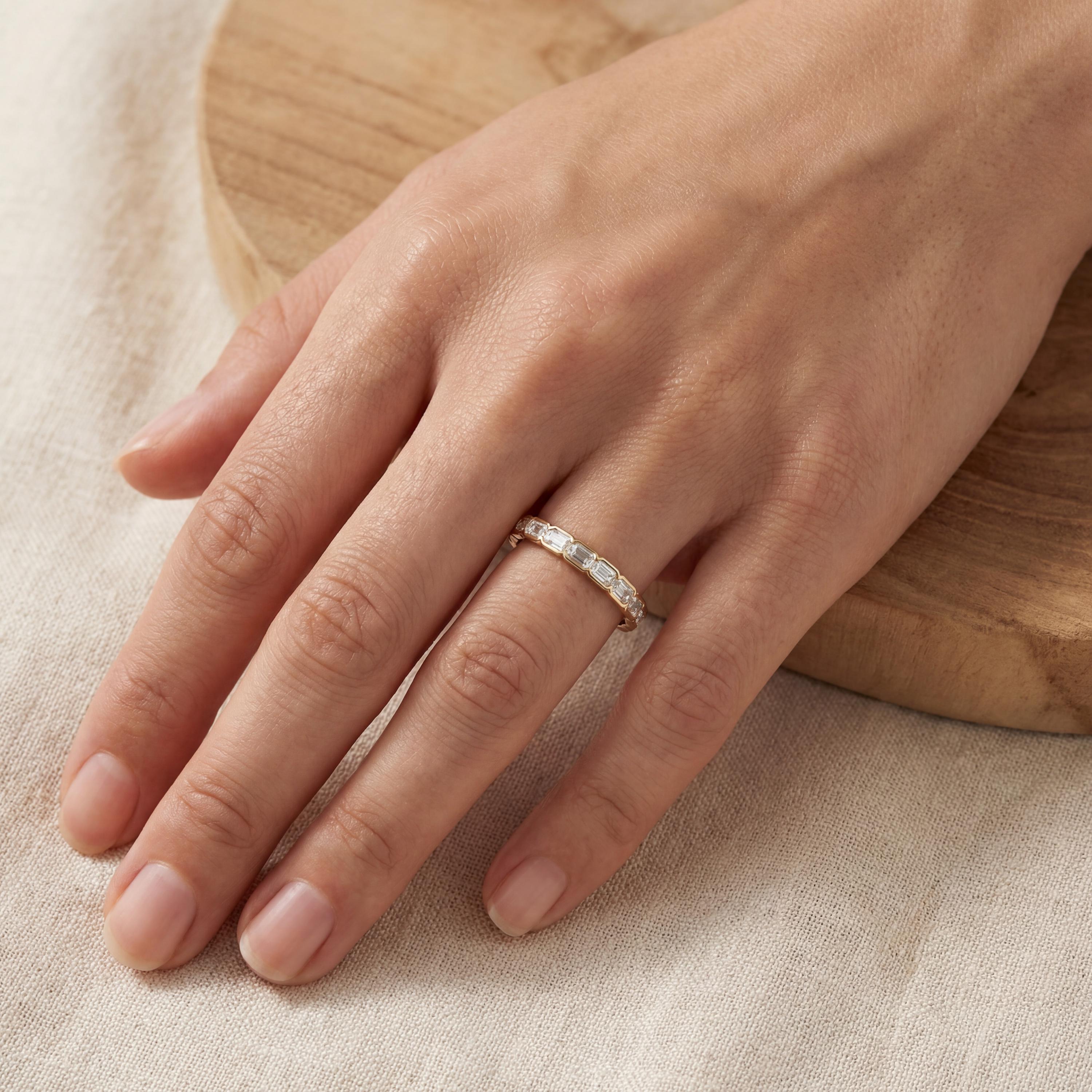 Emerald Cut Diamond Full Eternity Wedding Band Ring 14K Solid Gold Half Bezel