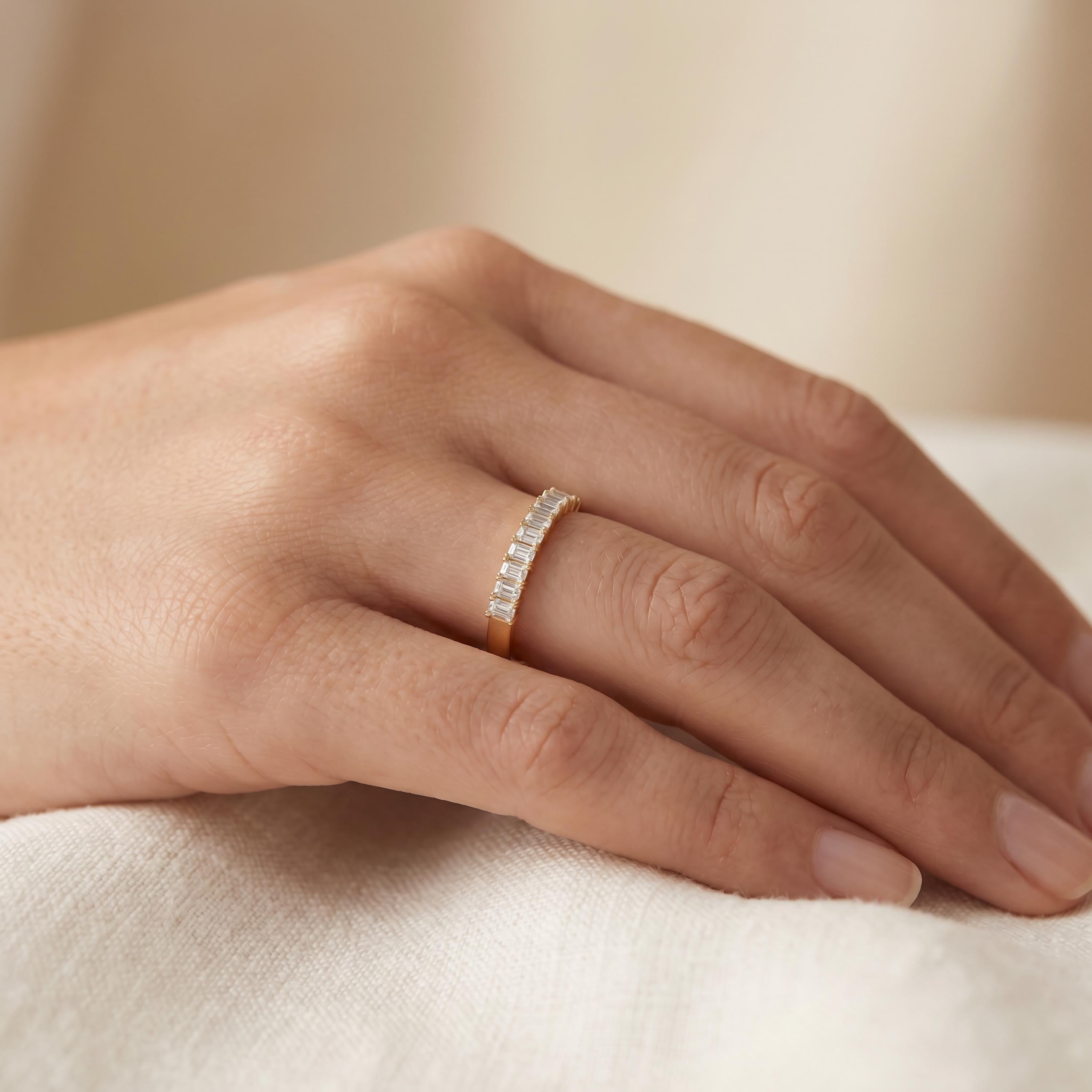 Emerald Cut Vertical Diamond Half Way Eternity Wedding Band Ring 14K Solid Gold