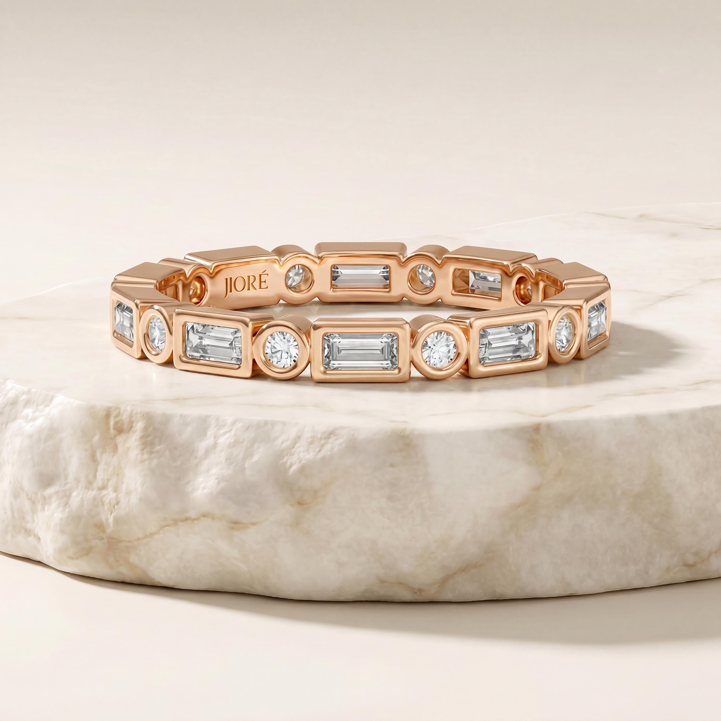 Baguette & Round Cut Diamond Full Eternity Wedding Band Ring 14K Solid Gold Bezel Set