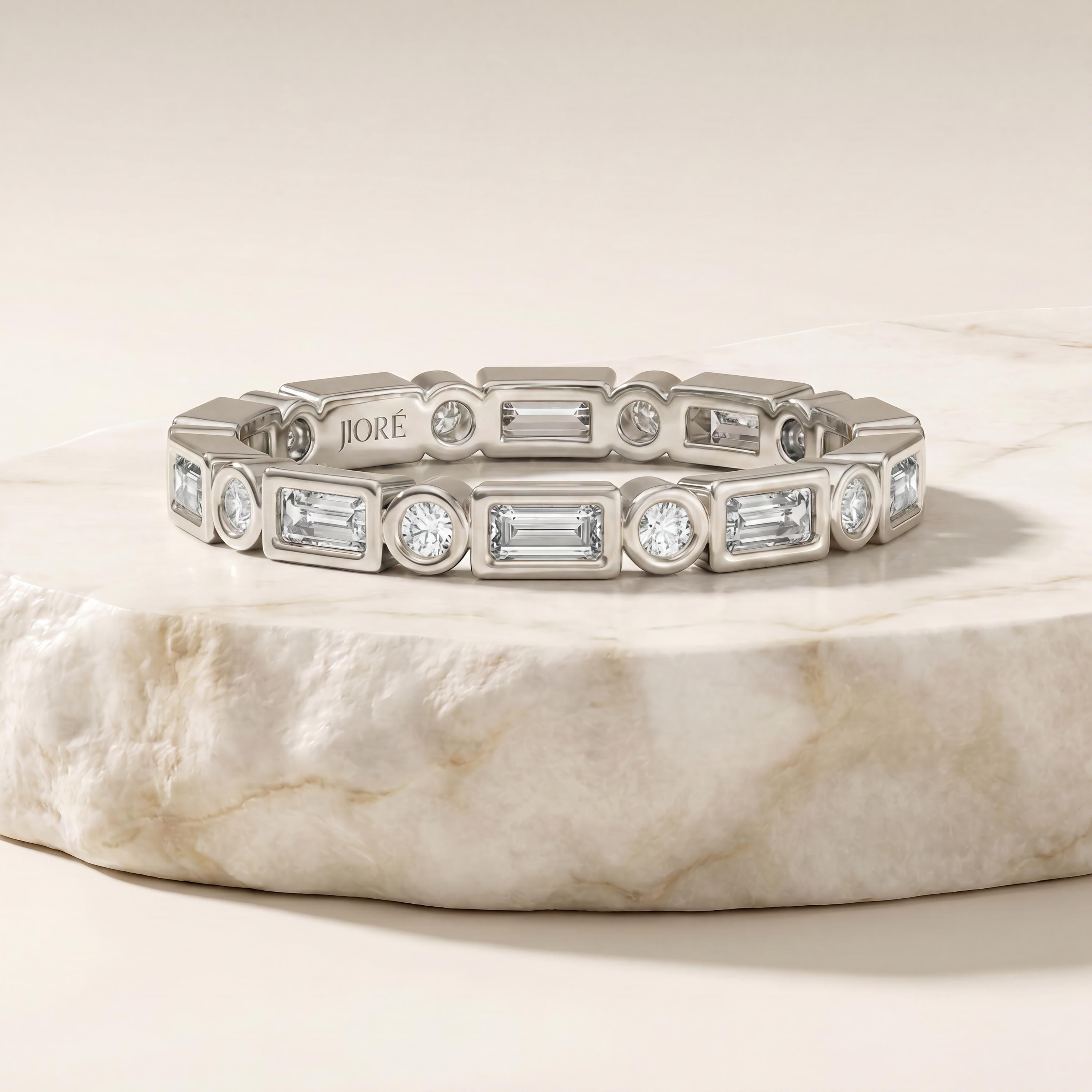 Baguette & Round Cut Diamond Full Eternity Wedding Band Ring 14K Solid Gold Bezel Set