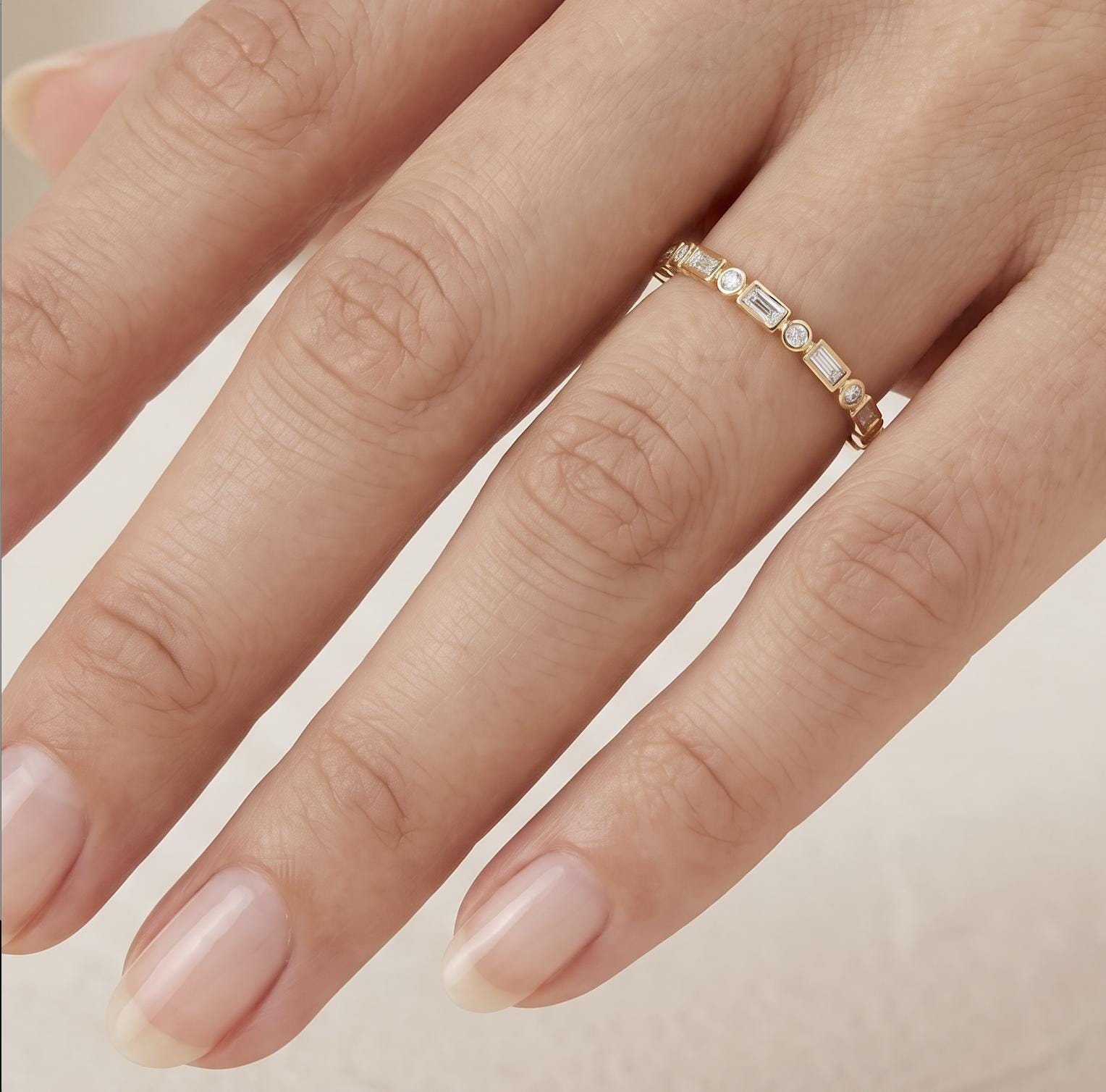 Baguette & Round Cut Diamond Full Eternity Wedding Band Ring 14K Solid Gold Bezel Set