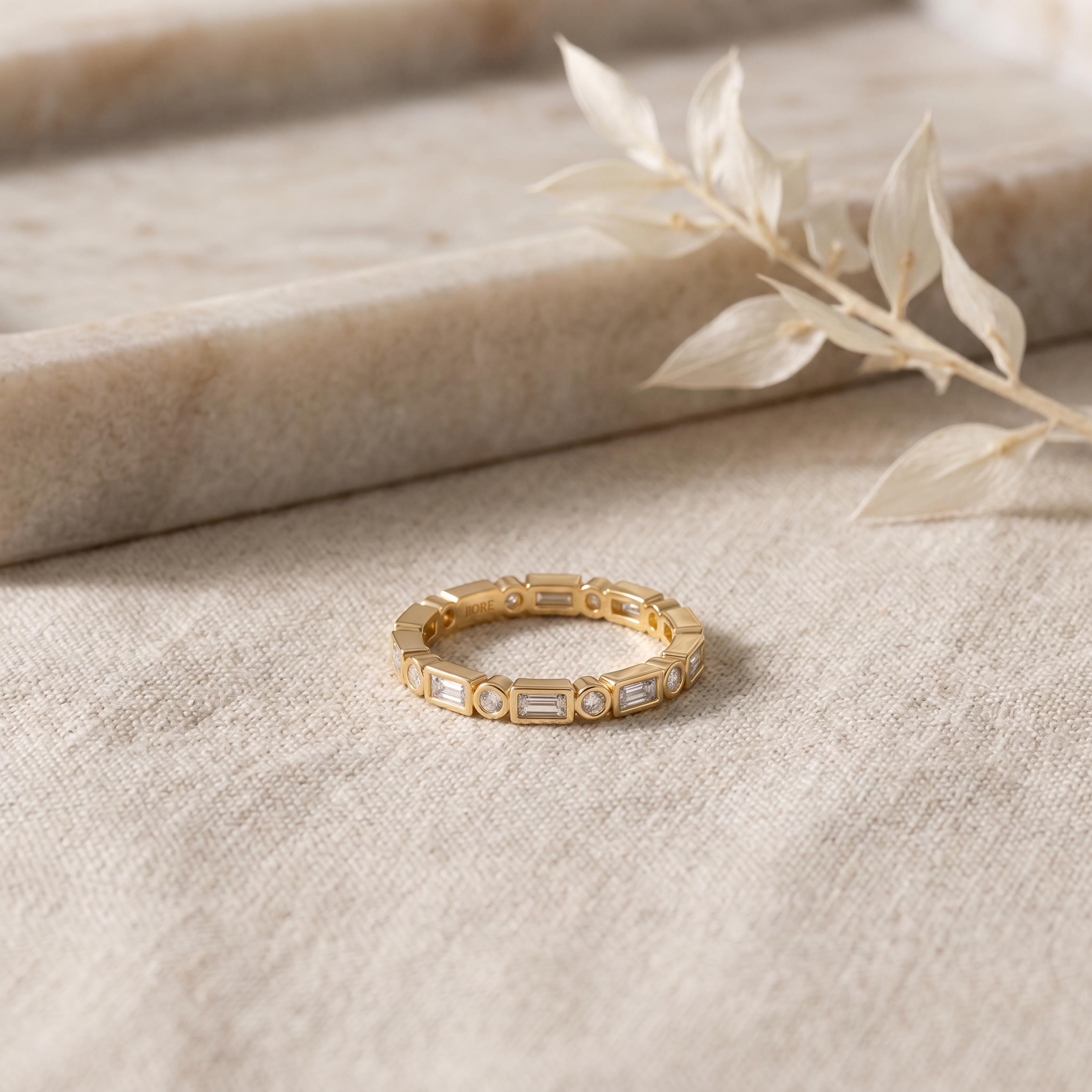 Baguette & Round Cut Diamond Full Eternity Wedding Band Ring 14K Solid Gold Bezel Set