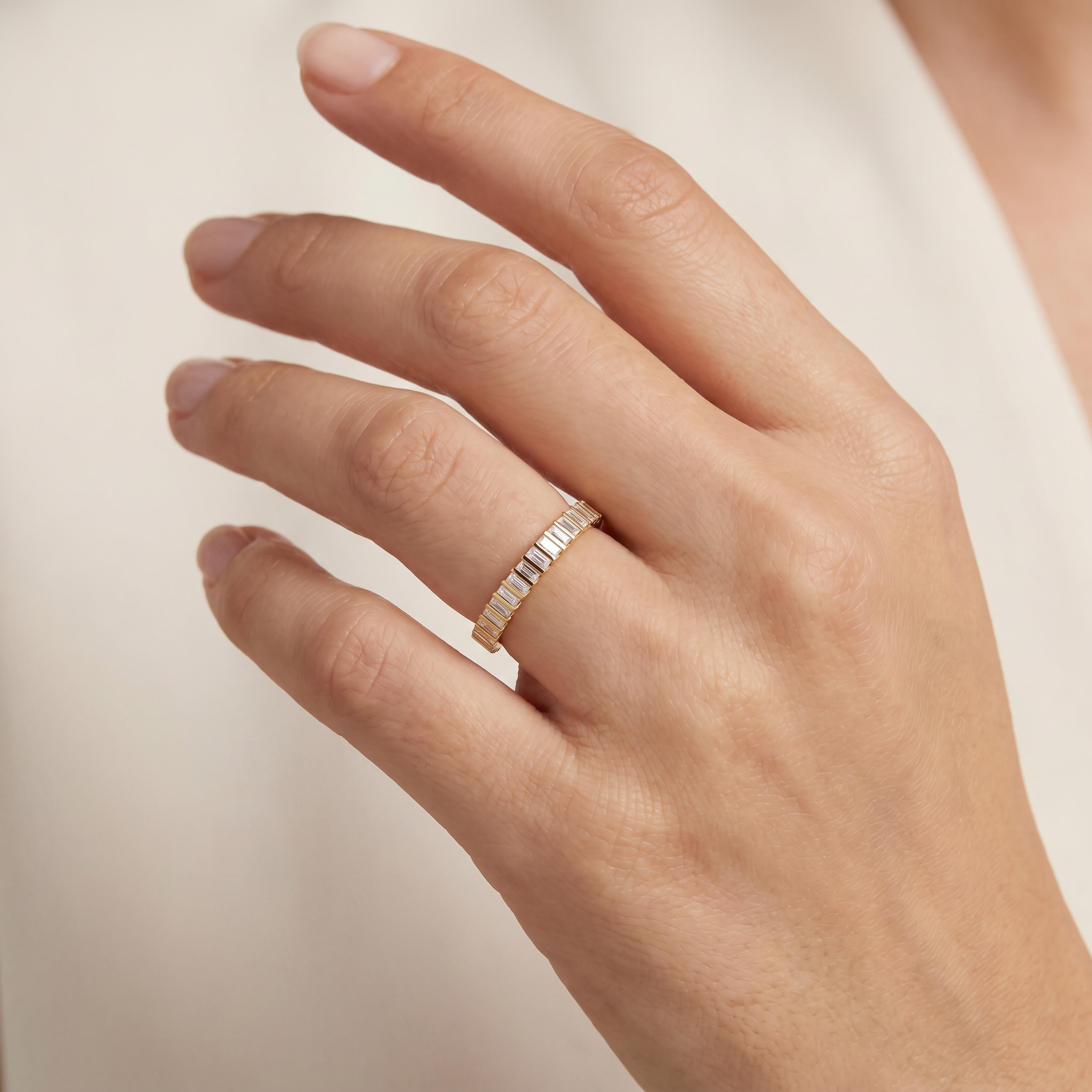 Baguette Cut Diamond Vertical Half Way Eternity Wedding Band Ring 14K Solid Gold Bar Set