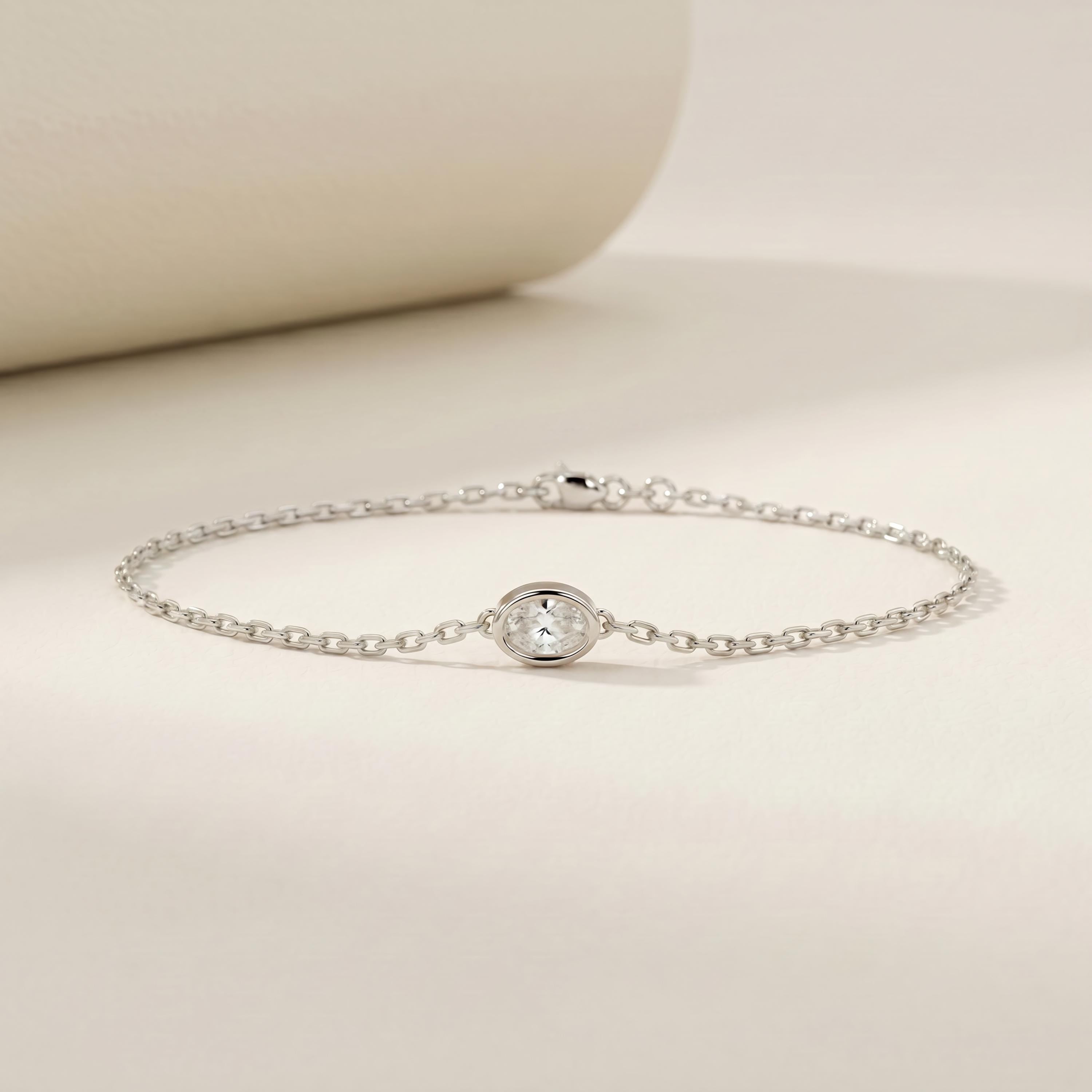 Oval Diamond Bezel Solitaire Chain Link Bracelet 14K Gold