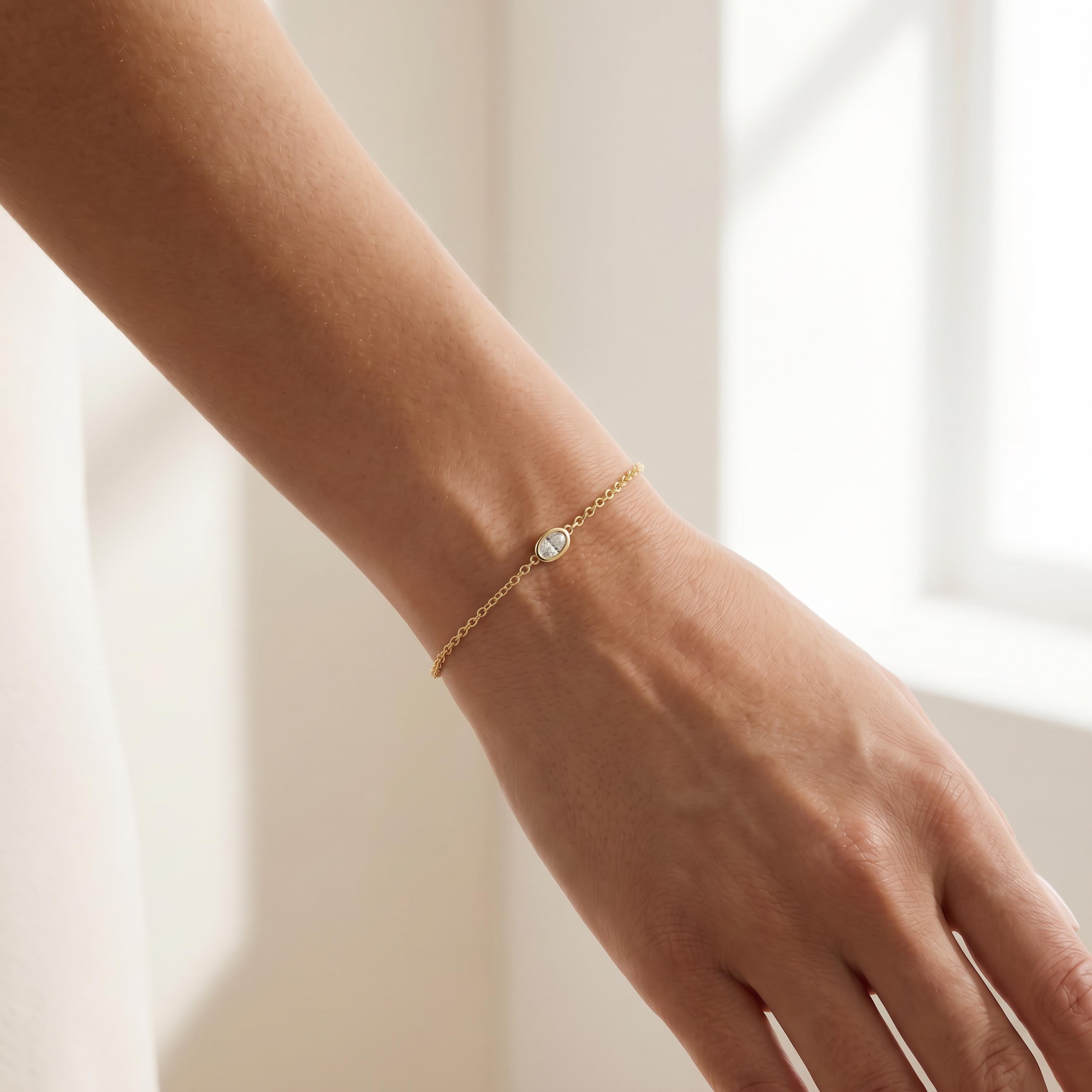 Oval Diamond Bezel Solitaire Chain Link Bracelet 14K Gold