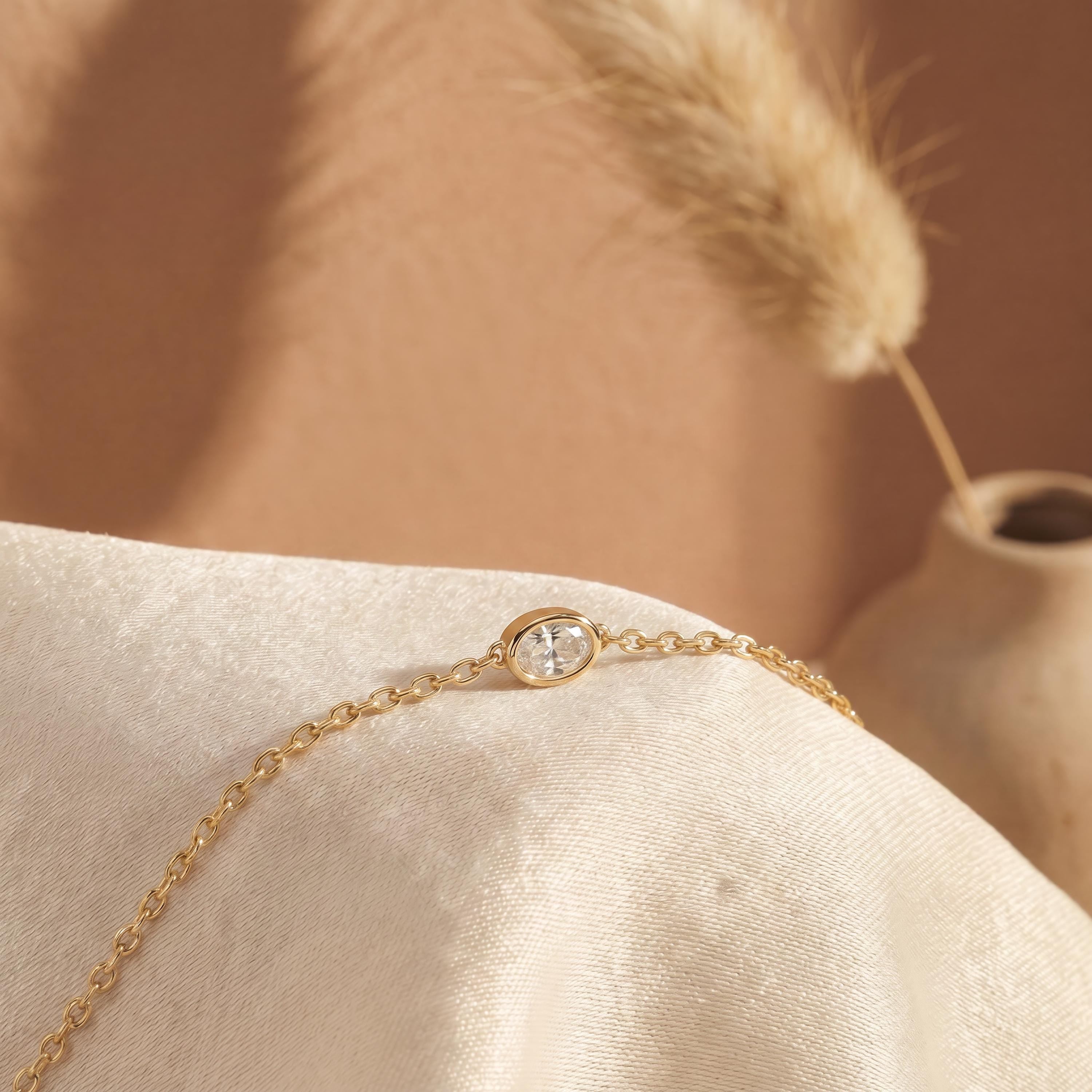Oval Diamond Bezel Solitaire Chain Link Bracelet 14K Gold