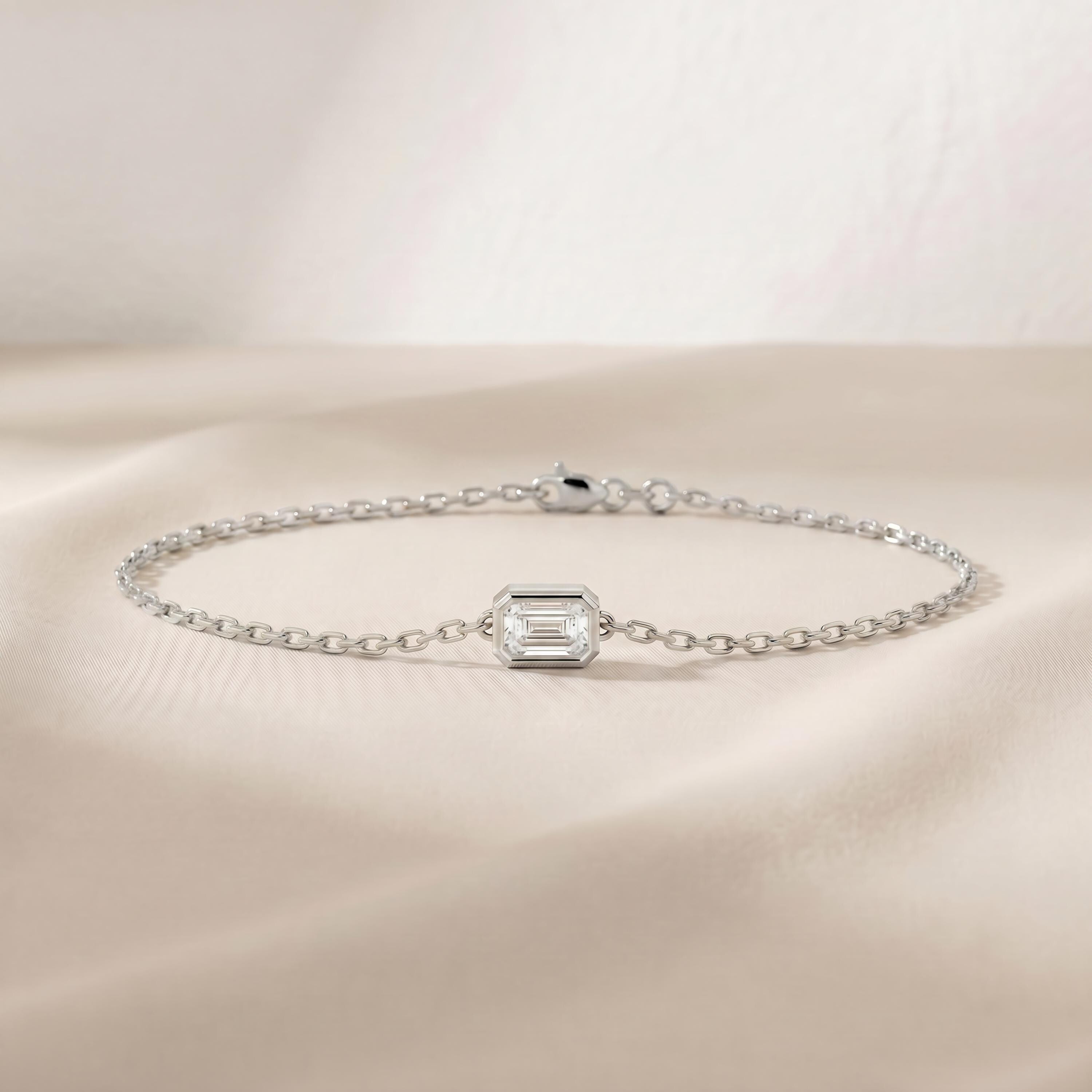 Emerald Cut Diamond Bezel Solitaire Chain Link Bracelet 14K Gold