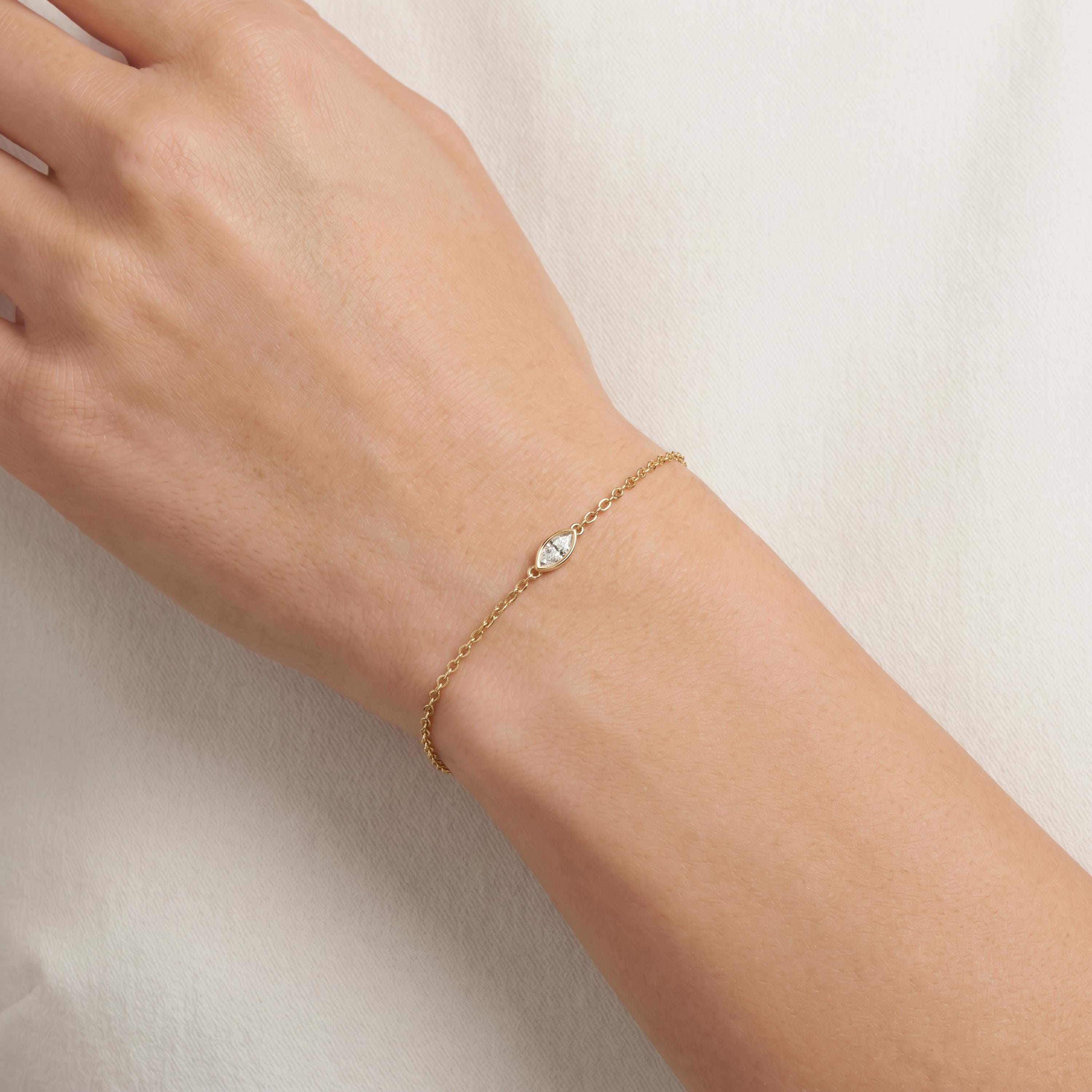 Marquise Shape Diamond Bezel Solitaire Chain Link Bracelet 14K Gold