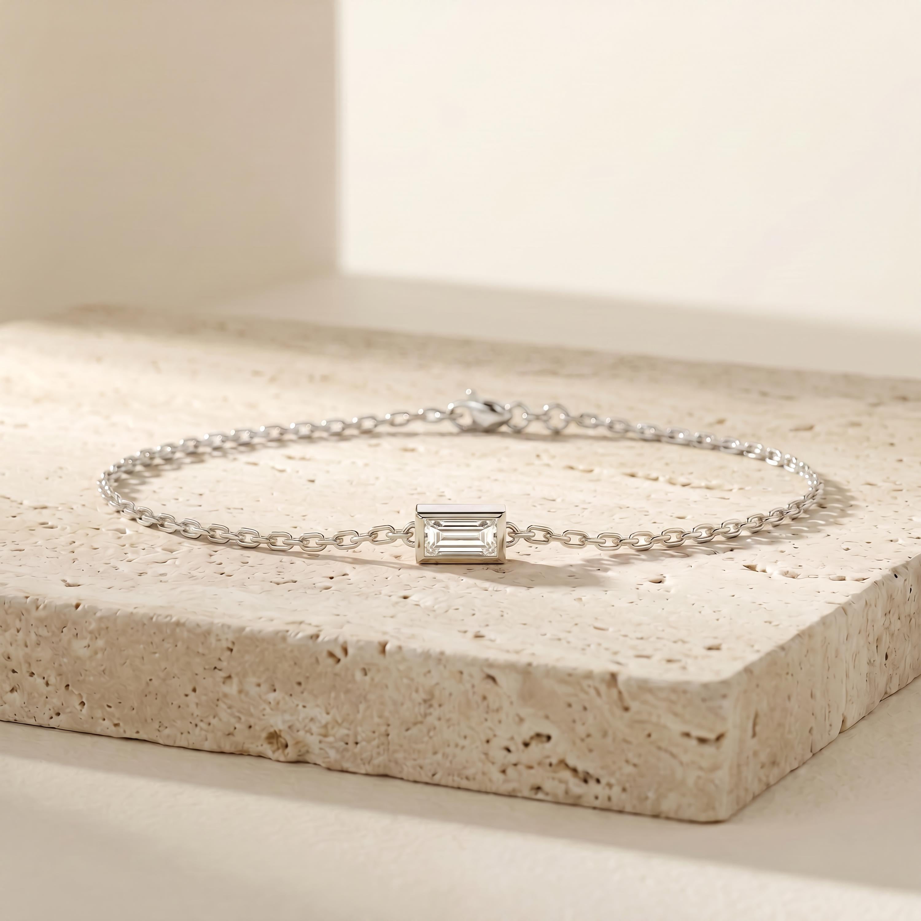 Baguette Cut Diamond Bezel Solitaire Chain Link Bracelet 14K Gold