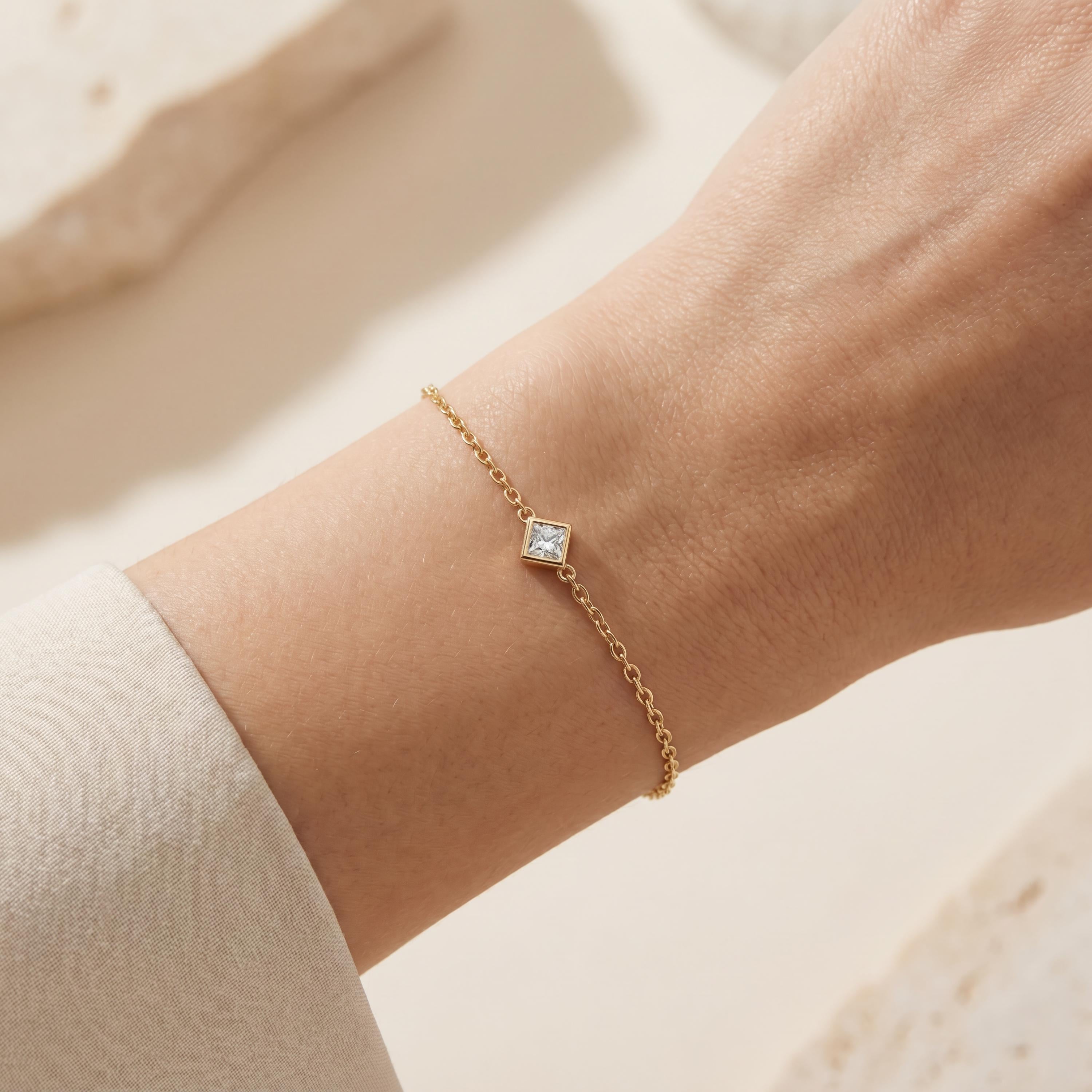 Princess Cut Diamond Bezel Solitaire Chain Link Bracelet 14K Gold