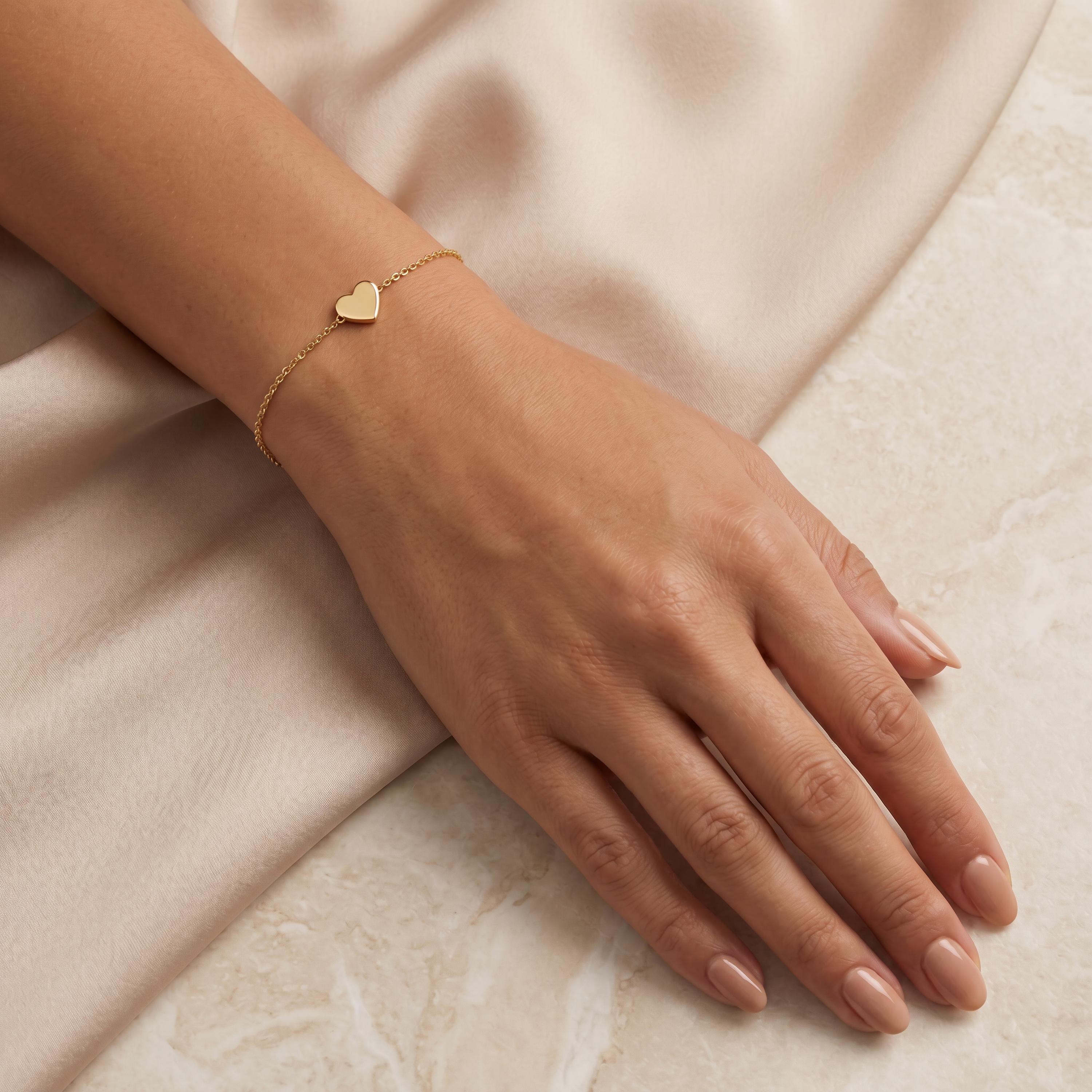 Dainty Heart Chain Link Bracelet 14K Solid Gold
