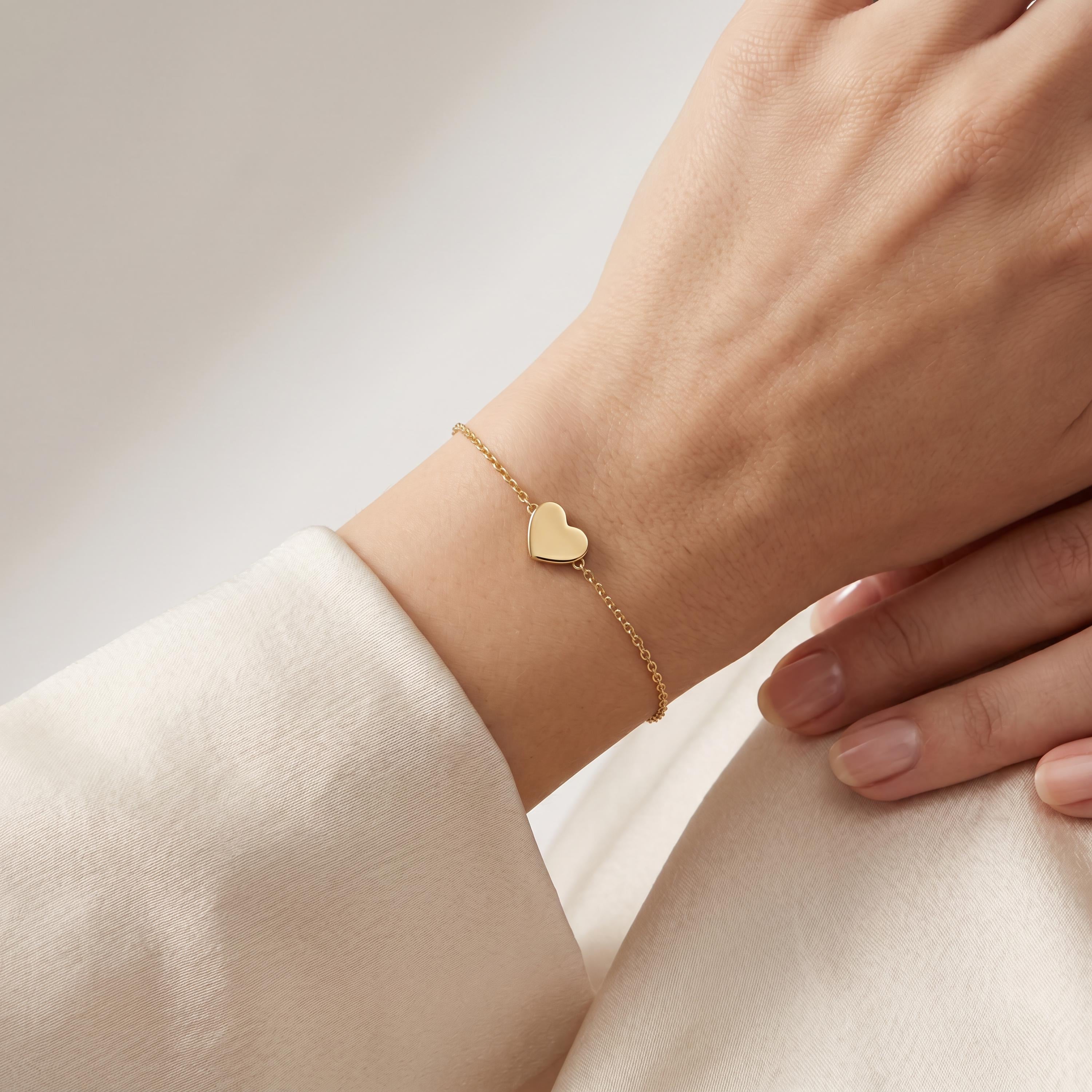 Dainty Heart Chain Link Bracelet 14K Solid Gold