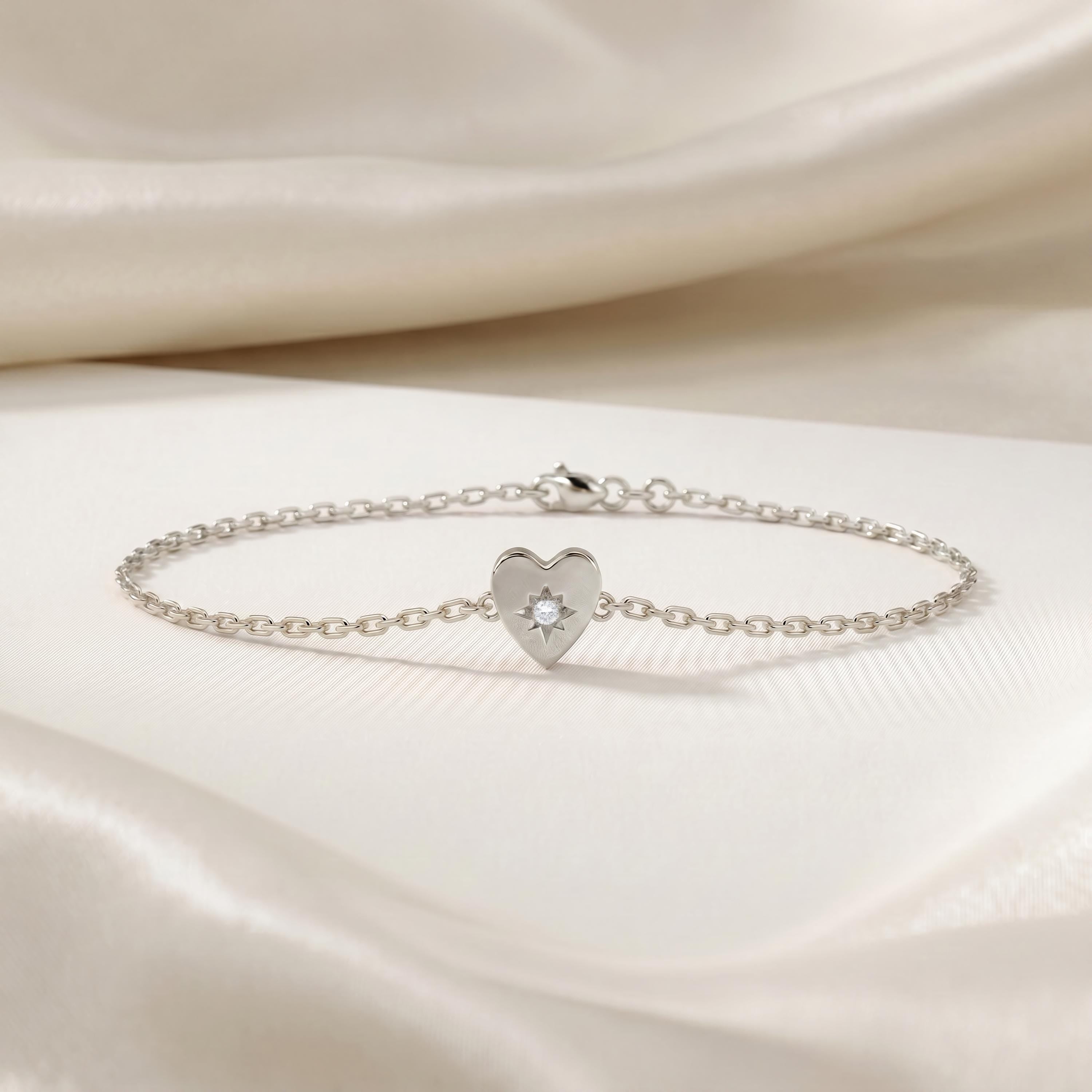 Round Diamond Solitaire Dainty 14K Solid Gold Heart Chain Link Bracelet