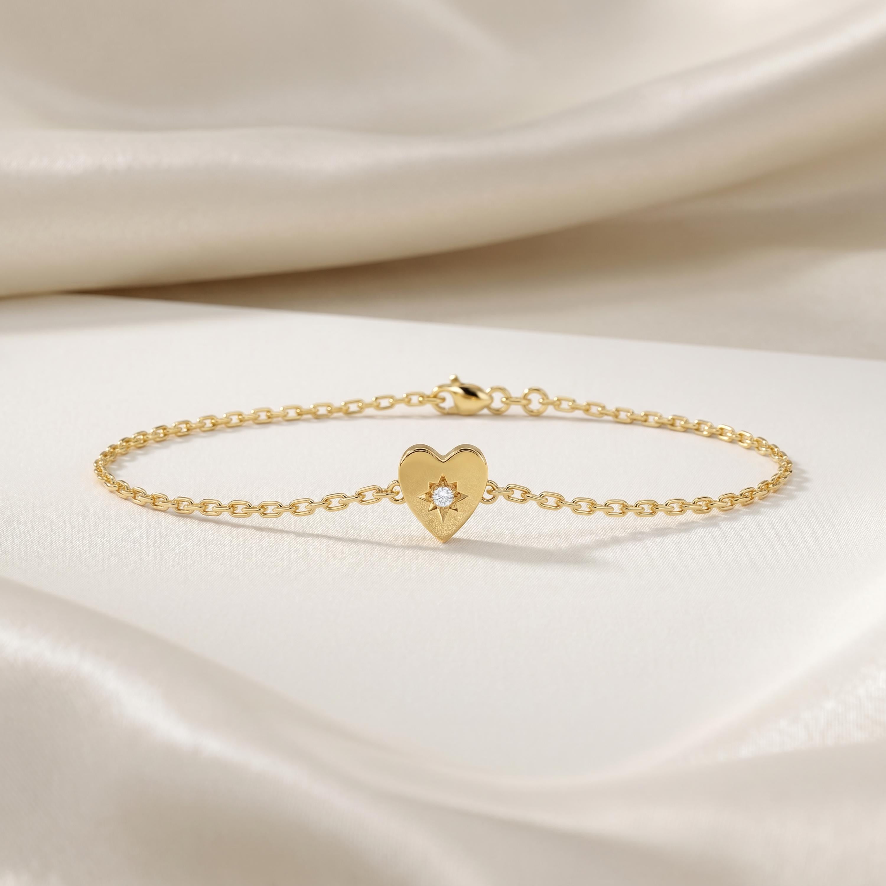Round Diamond Solitaire Dainty 14K Solid Gold Heart Chain Link Bracelet