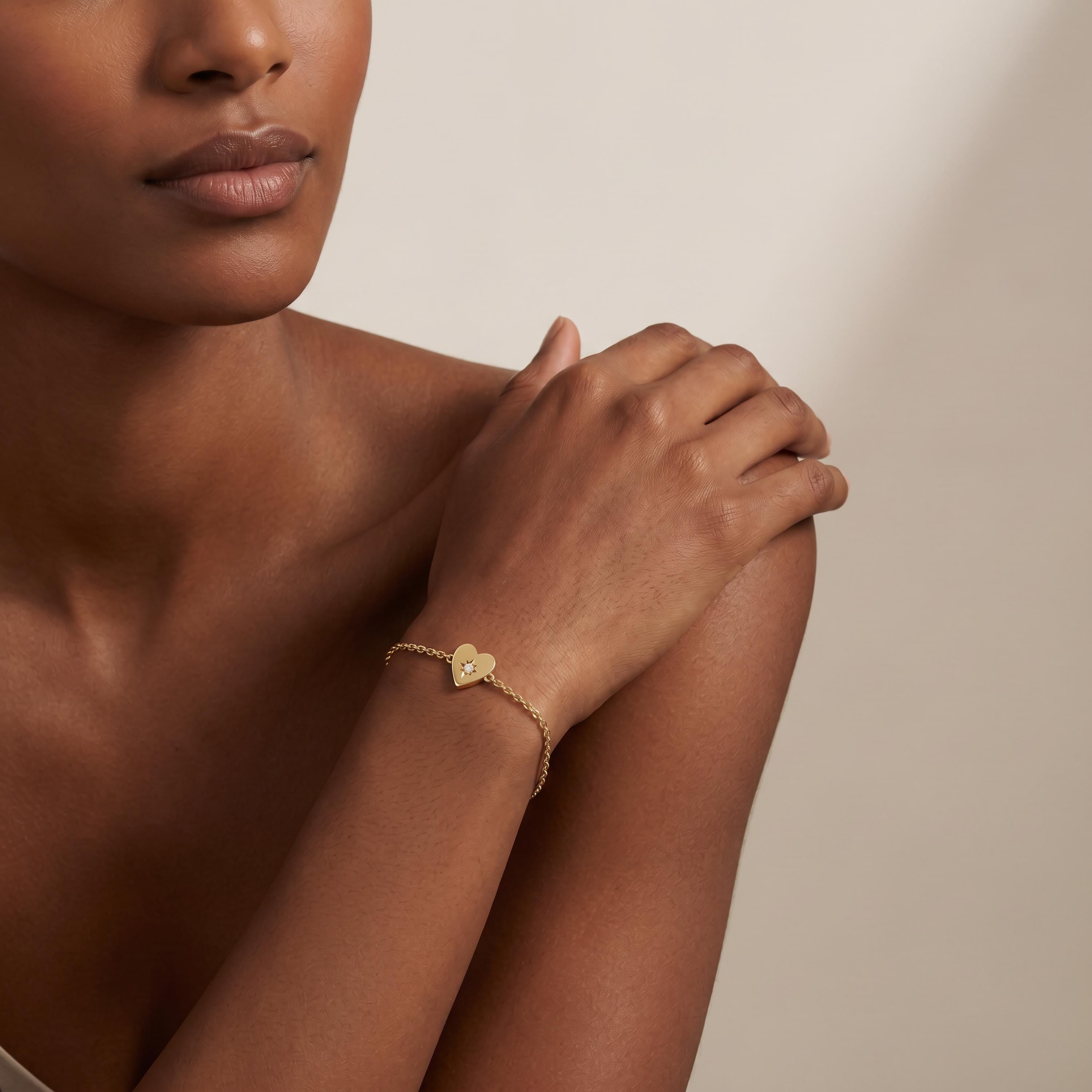 Round Diamond Solitaire Dainty 14K Solid Gold Heart Chain Link Bracelet