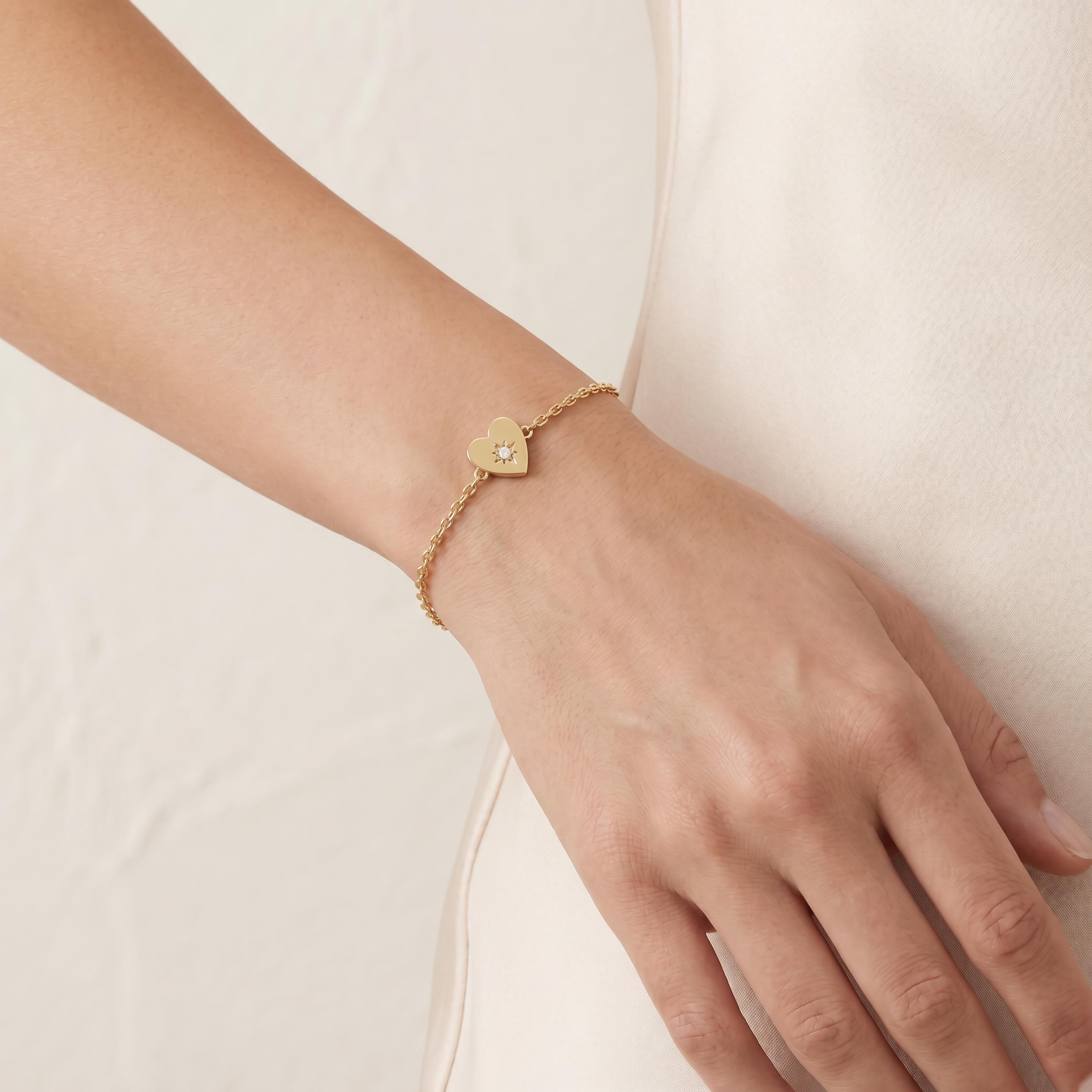Round Diamond Solitaire Dainty 14K Solid Gold Heart Chain Link Bracelet