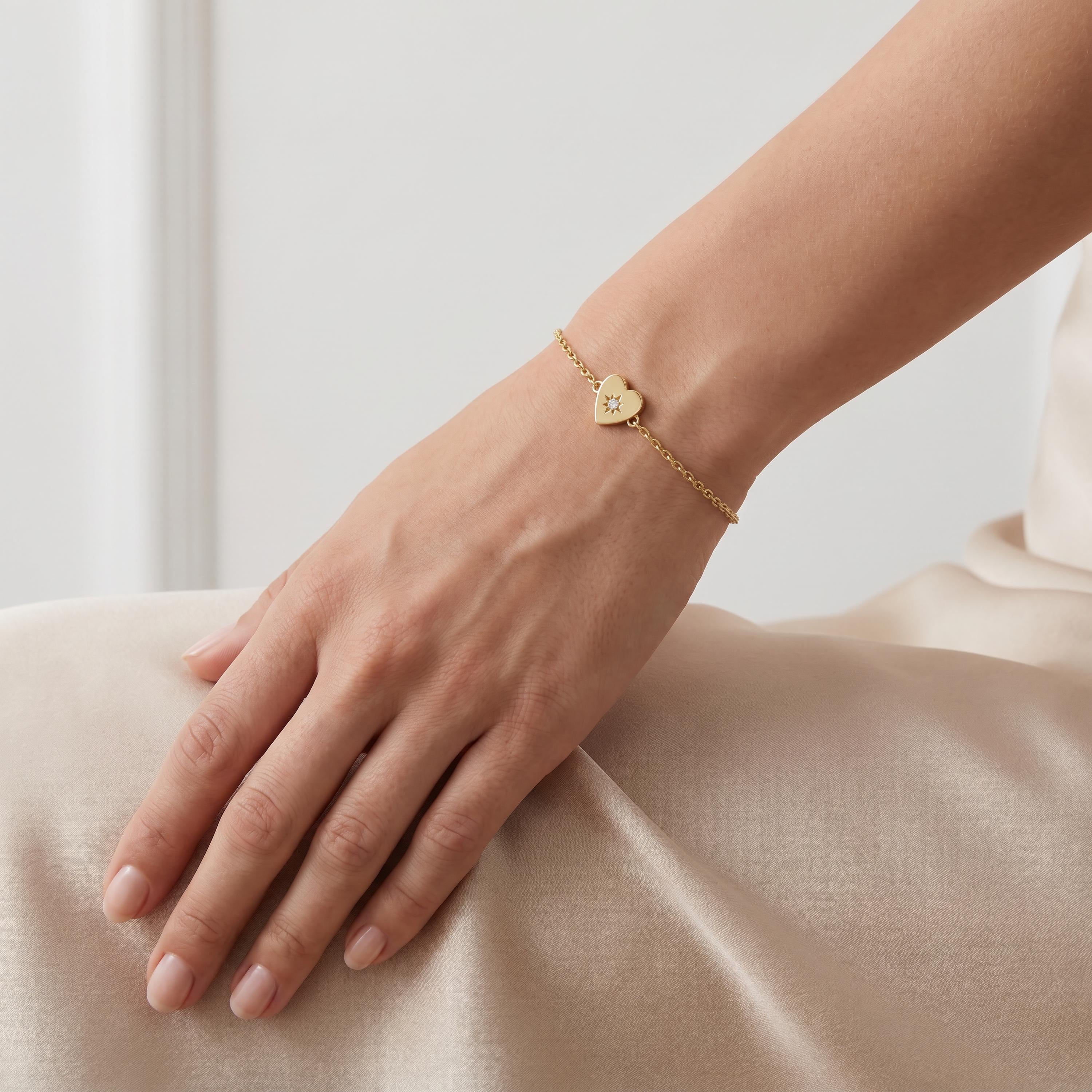 Round Diamond Solitaire Dainty 14K Solid Gold Heart Chain Link Bracelet
