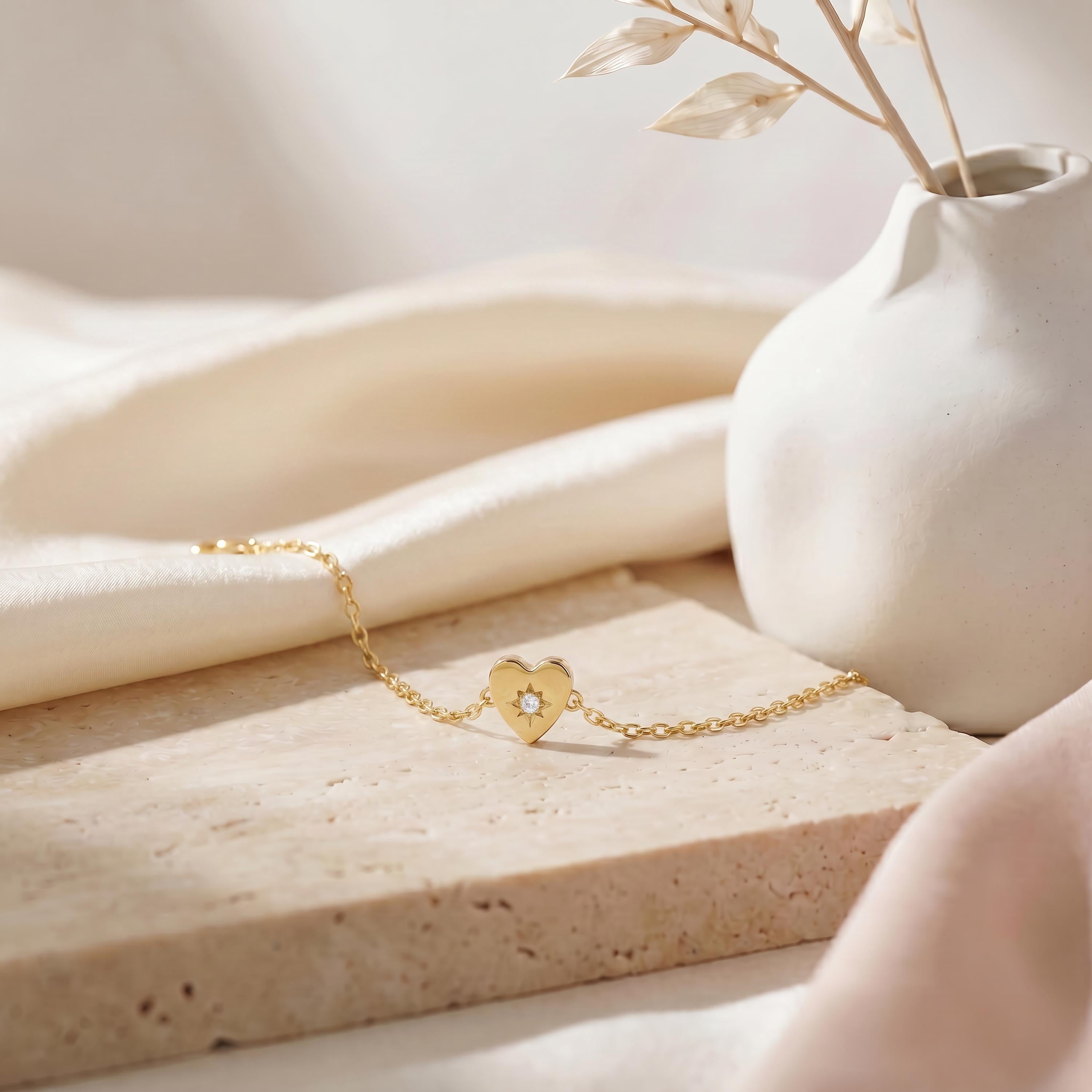 Round Diamond Solitaire Dainty 14K Solid Gold Heart Chain Link Bracelet
