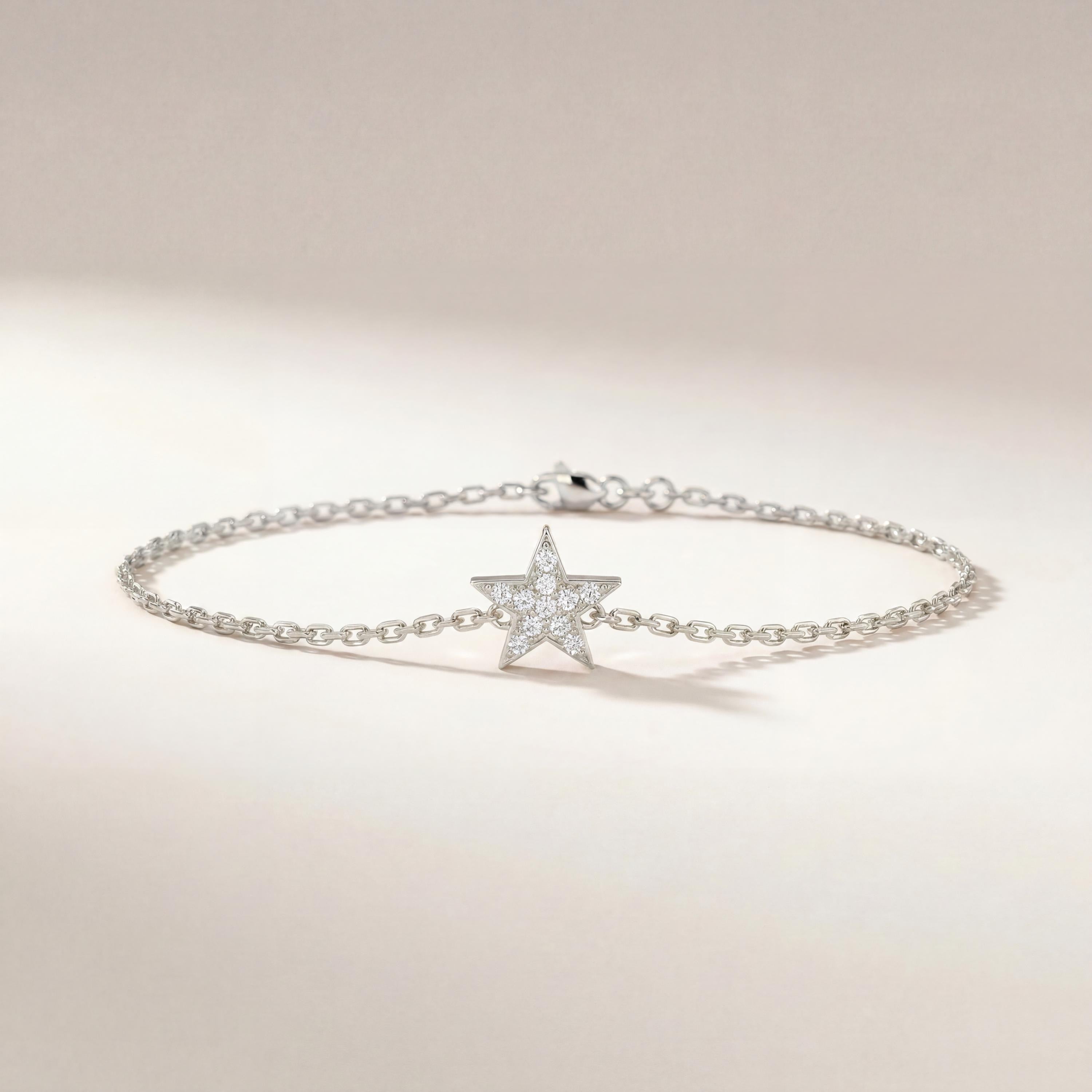 Diamond Round 14K Pave Dainty Solid Gold Star Chain Link Bracelet