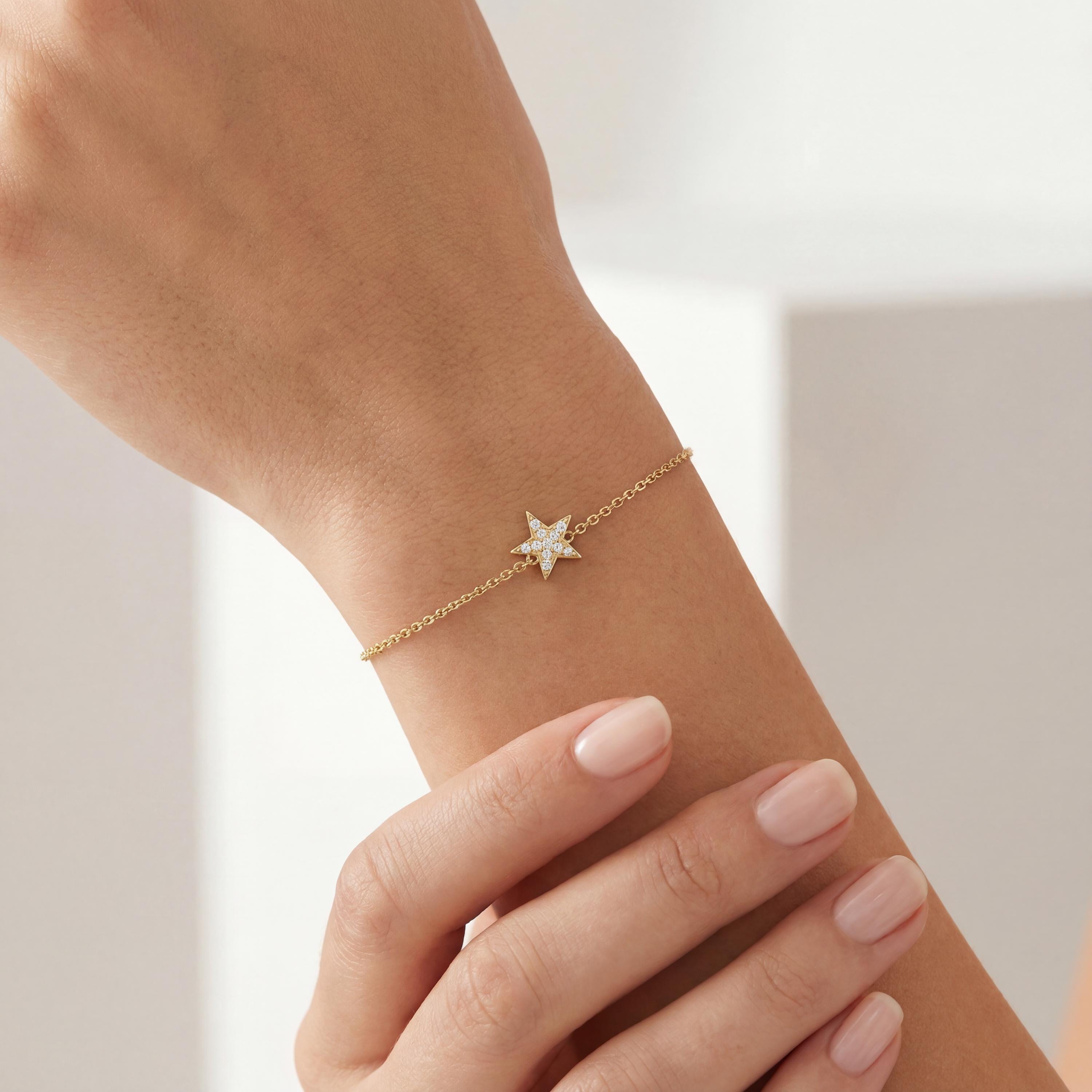 Diamond Round 14K Pave Dainty Solid Gold Star Chain Link Bracelet