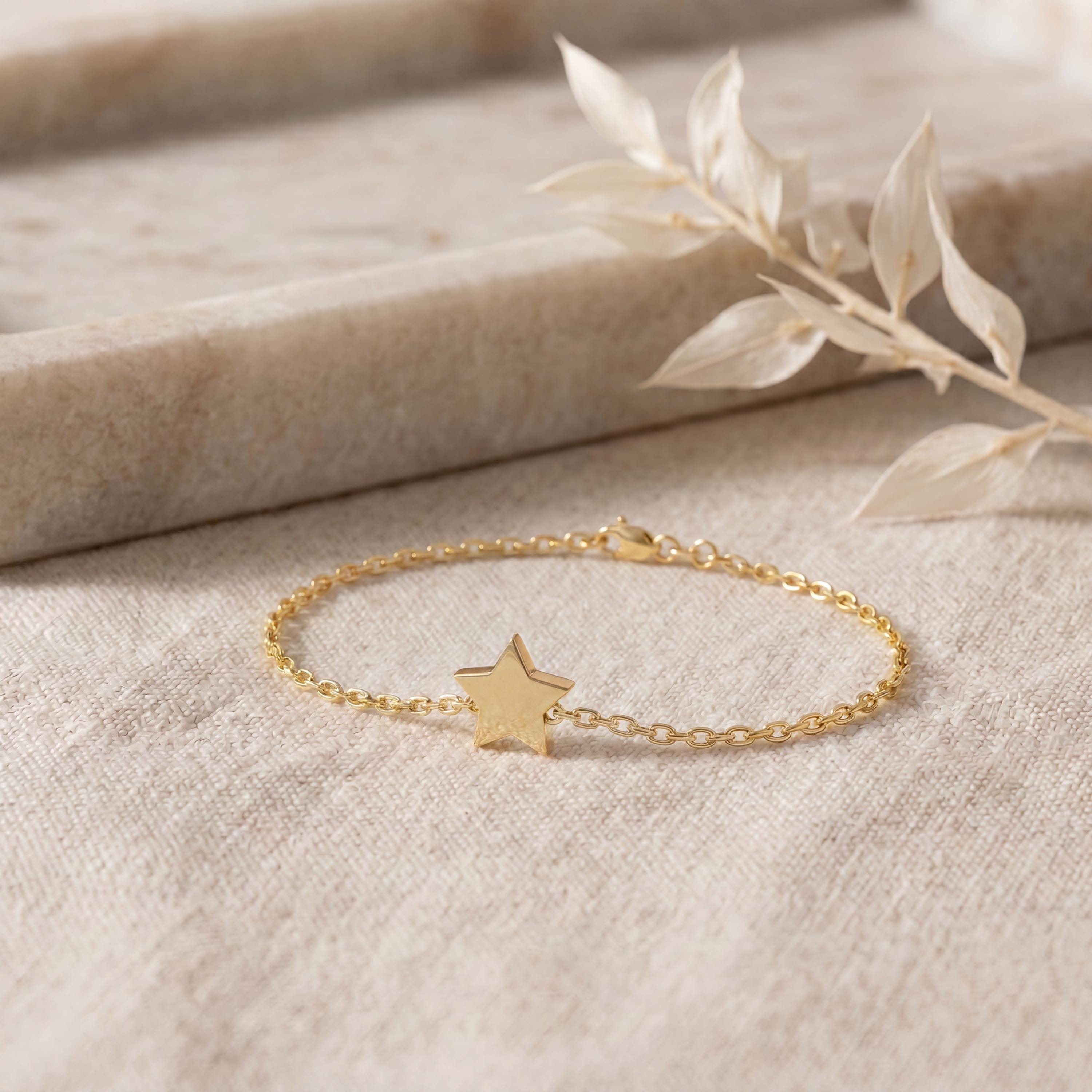 Solid Gold 14K Dainty Star Chain Link Bracelet