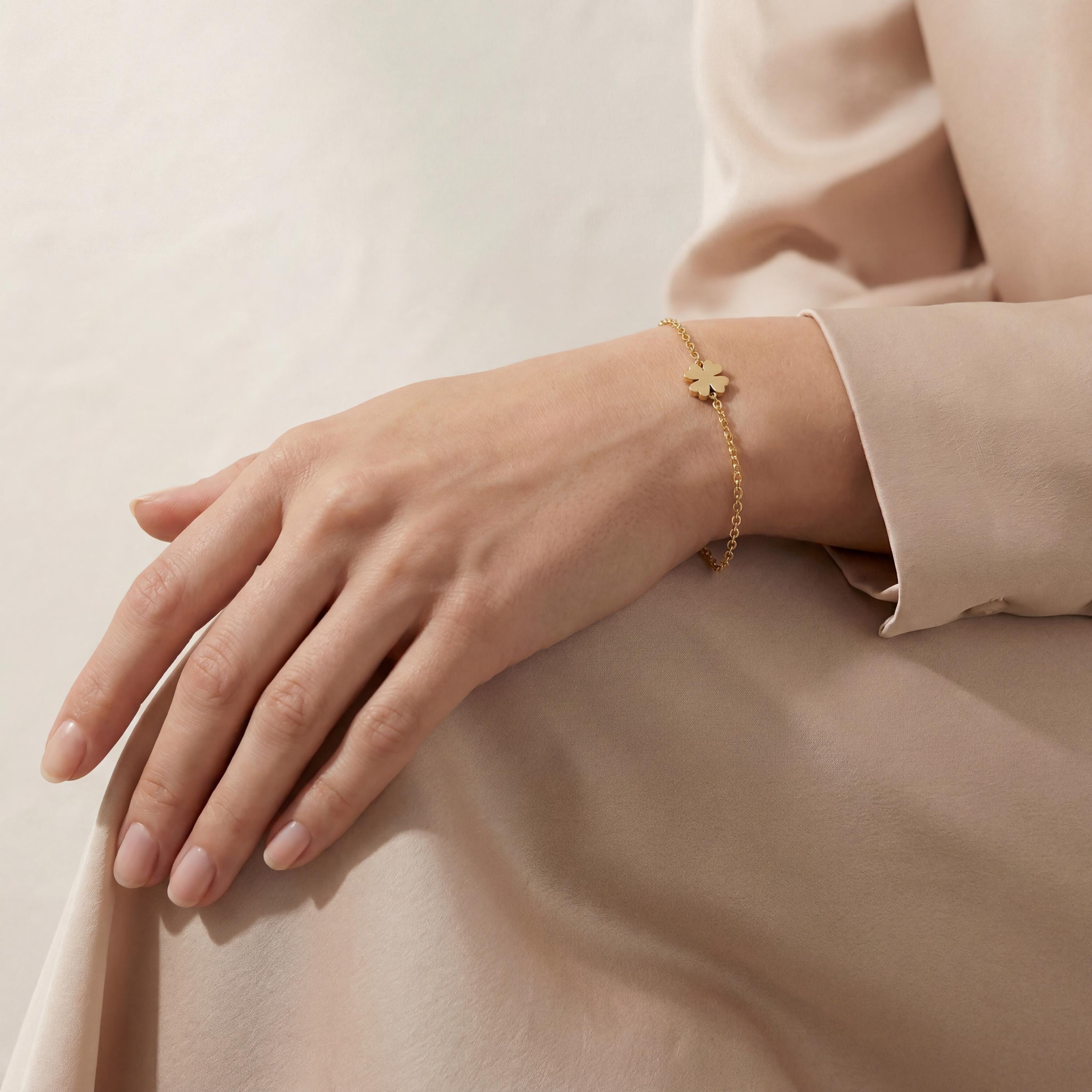 Solid Gold 14K Dainty Flower Clover Leaf Chain Link Bracelet