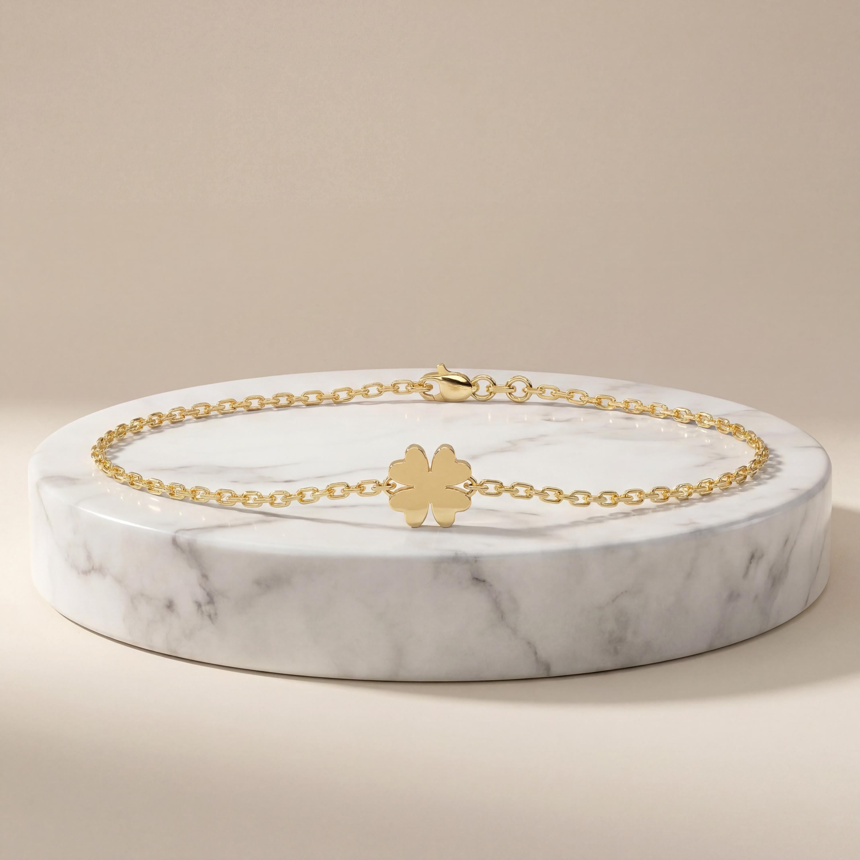 Solid Gold 14K Dainty Flower Clover Leaf Chain Link Bracelet